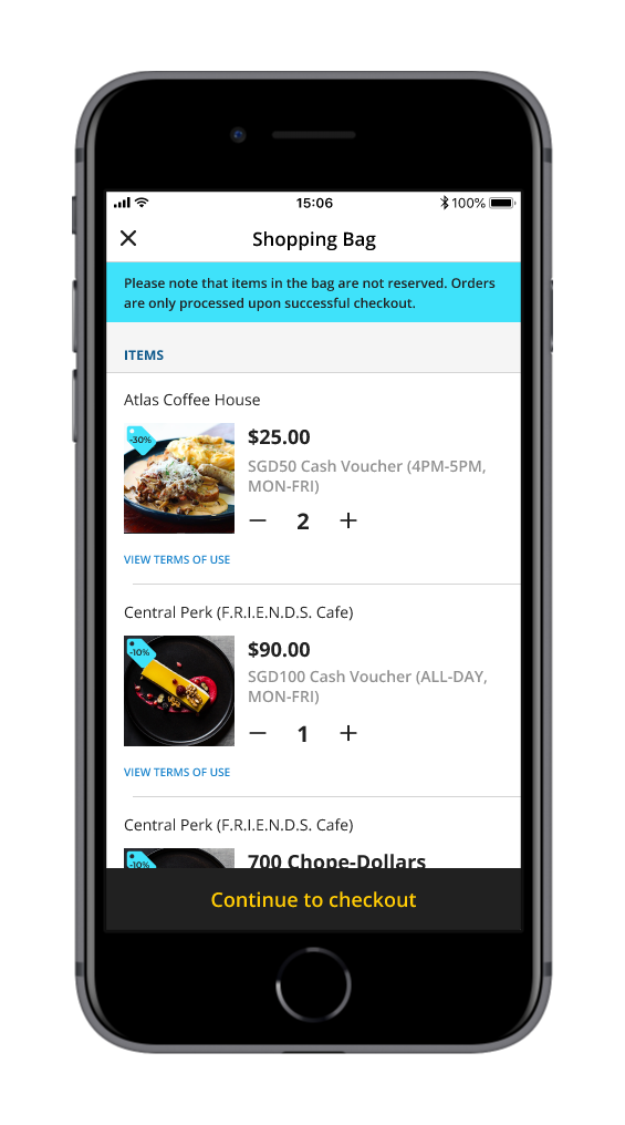 A “Shopping Bag” is introduced to enable purchase of vouchers from multiple restaurants during peak periods such as Flash Sales and seasonal promotions