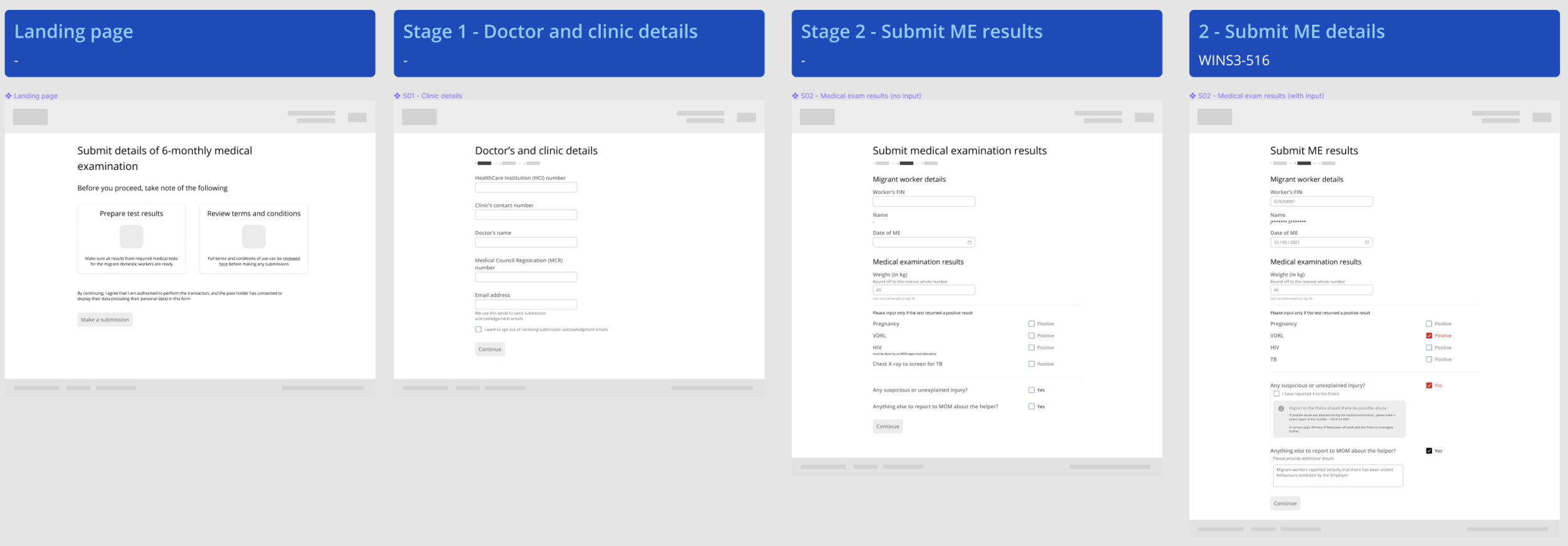 Screen capture of lo-fi wireframes used during concept testing with doctors and clinical assistants.