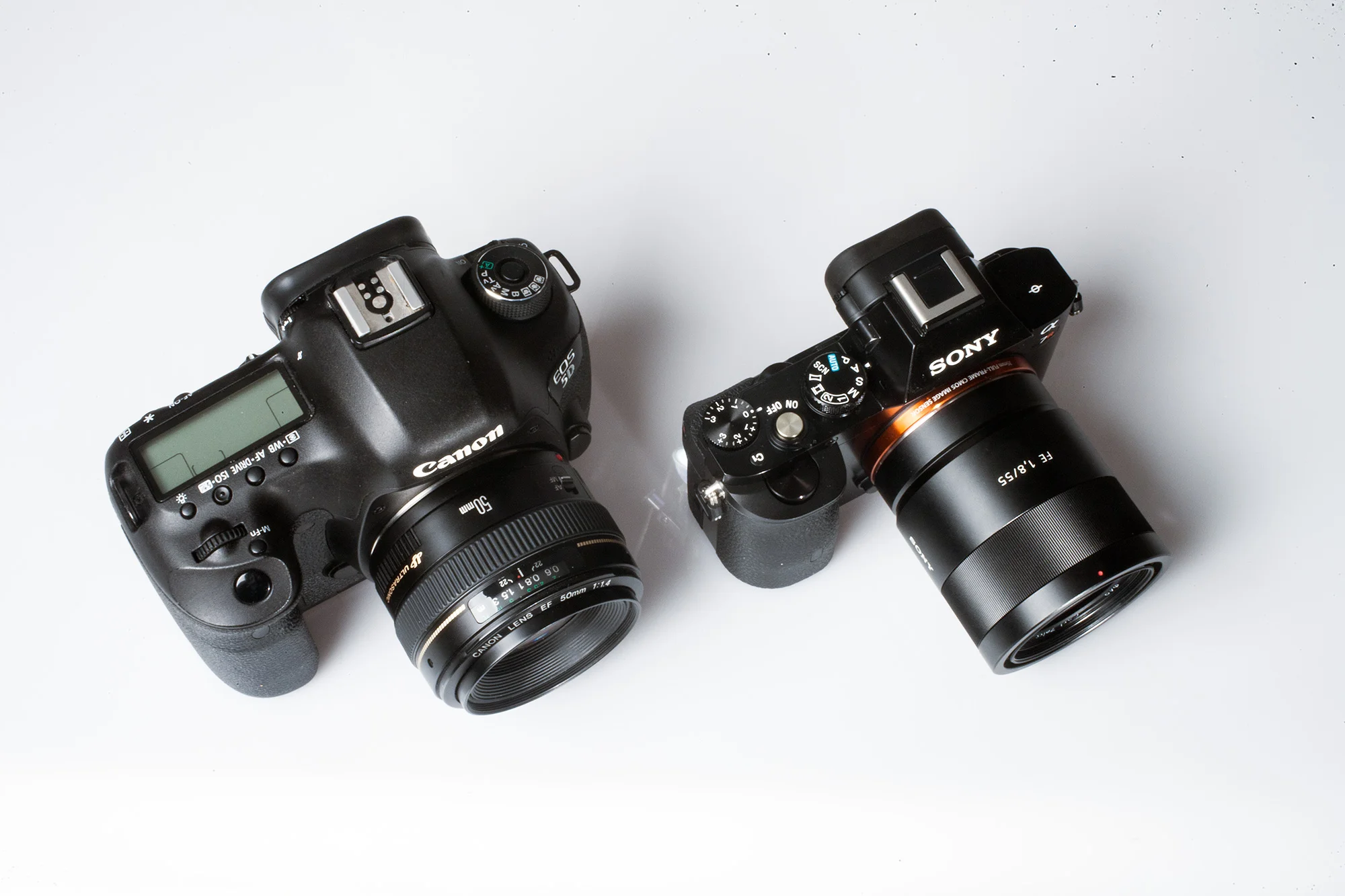 Links: 1200 g, 22 Mpx, 61 Punkt AF, 1080p Full-HD-Videos Rechts: 740 g, 34.6 Mpx, 304 Punkt AF, 1080p Full-HD-Videos