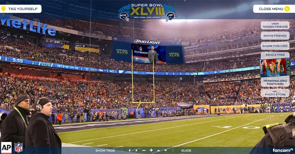 As a bit of background: My company, FanCam, captures super-high-res 360 degree images of cities and stadiums that are so detailed that people can go and find a picture of themselves and tag it on Facebook. This is a screen-capture of a SuperBowl FanCam.