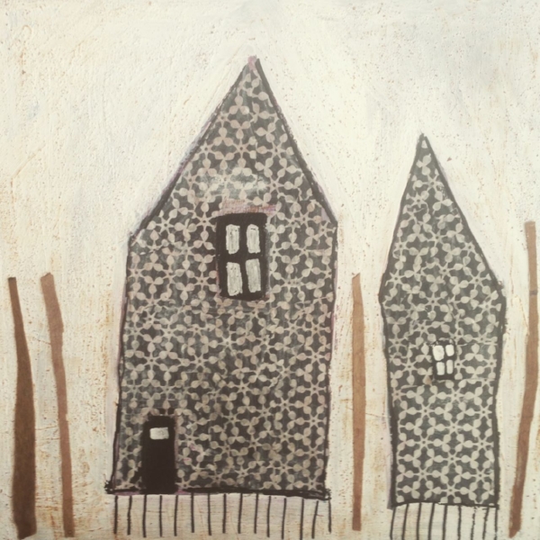 Two houses in the woods 40x40 cm mixed media collage on gallery canvass. (Private Collector)