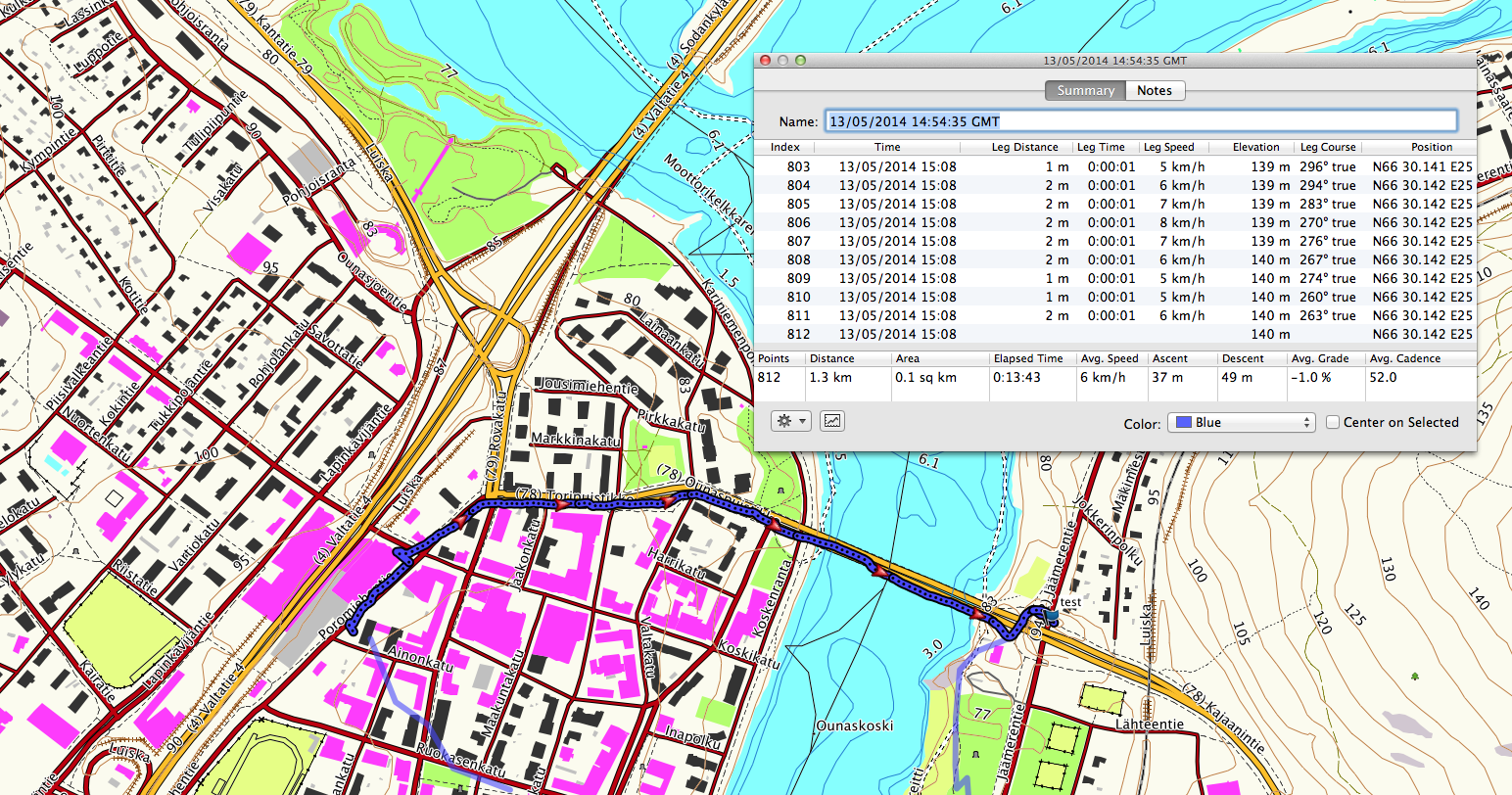 812 points recorded over 1.3km in standard Navigation mode.