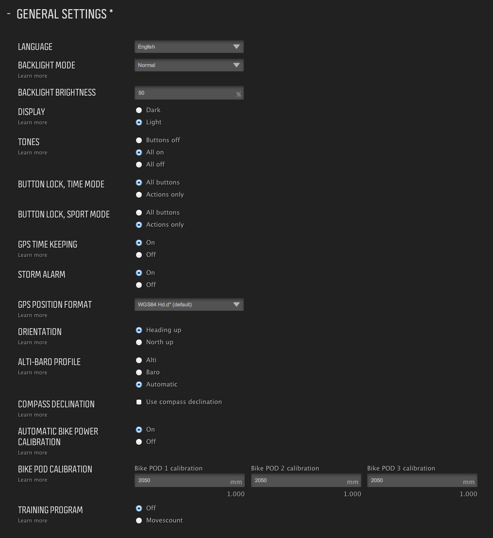 Movecount's settings options for the Ambit2