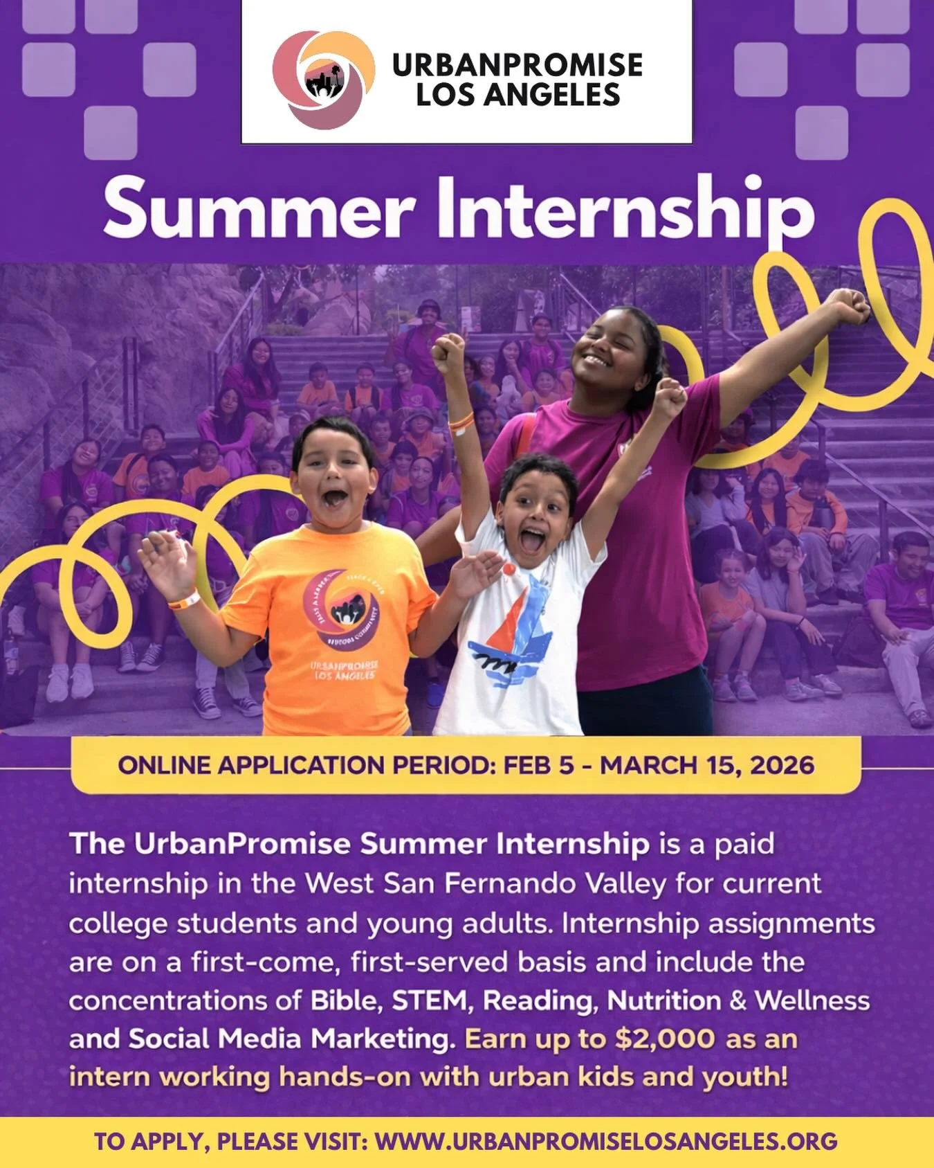 Summer 2026 Internship Application Now Open! 

Spend your summer where leadership is lived out loud 📣

The UrbanPromise Los Angeles Summer Internship is a paid, hands-on experience for college students and young adults who want to show up for kids, 