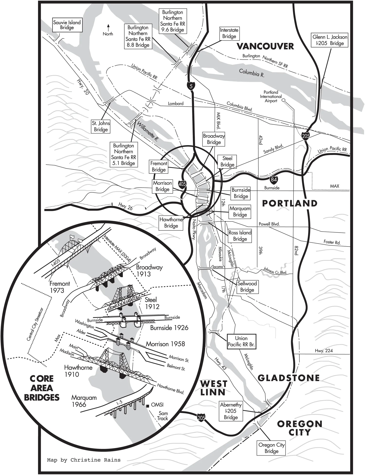 An original map hand drawn for Sharon Wood Wortman's Portland Bridge Book.
