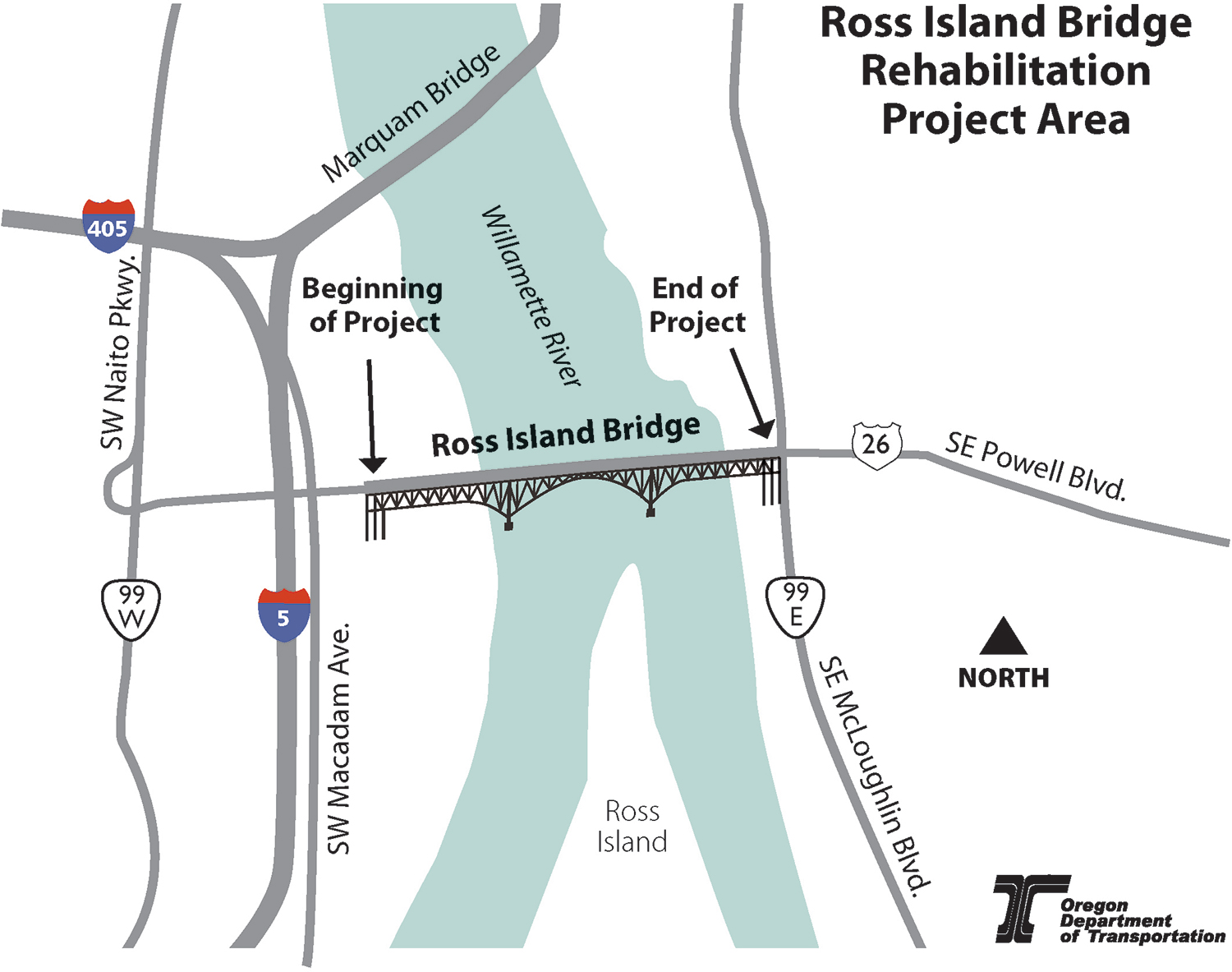 For the iconic Ross Island Bridge (aren't all of Portland's bridges iconic???), I created this project area map. And drew the bridge. By hand. Okay, by mouse.
