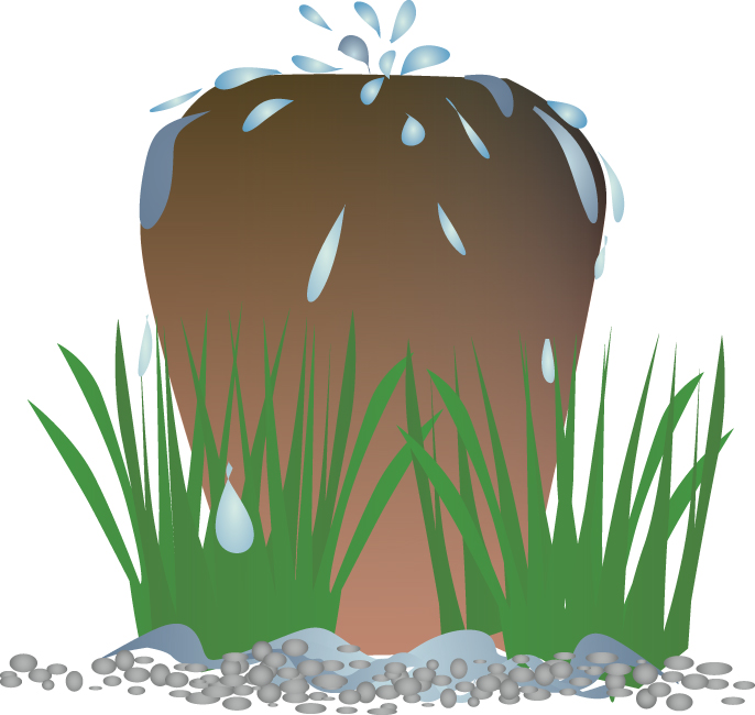 This illustrates the type of water flow to look for when you buy an outdoor fountain. Get one that uses big drops rather than a fine mist; the mist will evaporate and waste water.