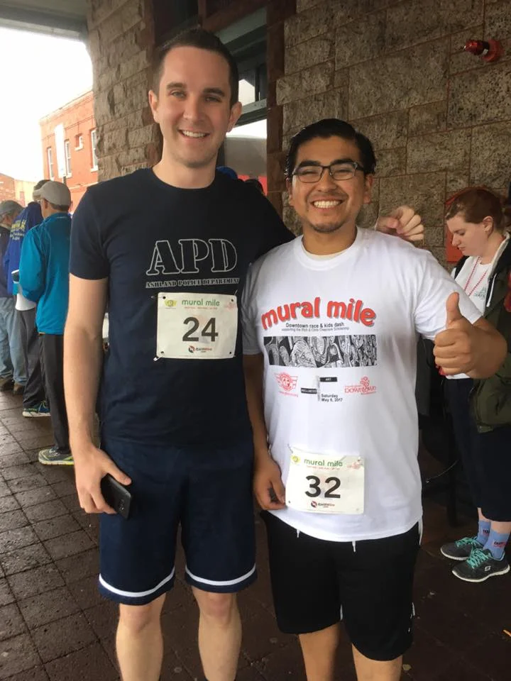 Deluxe Depot Diner General Manager Larry Rodkey and Manager Andres Alvarado are pumped to run the Mural Mile Road Race. Larry earned third place for men in the race!