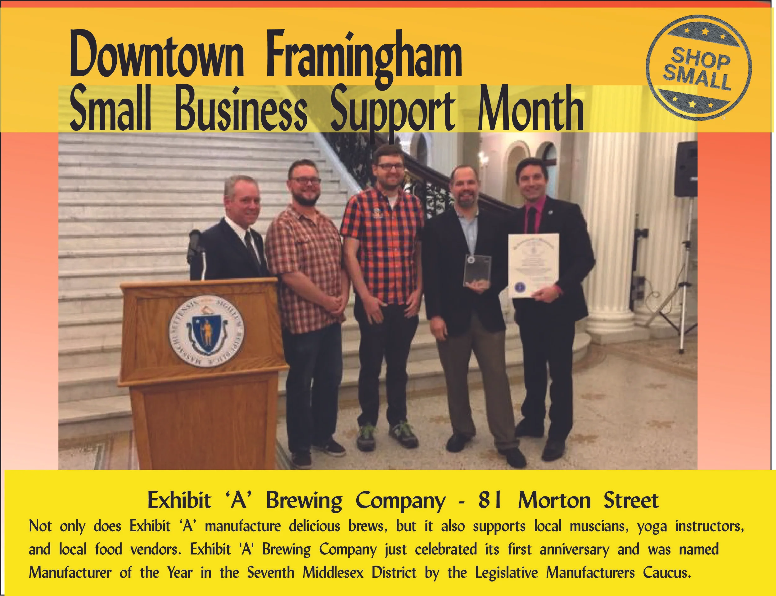 It's Day 13 of Small Business Support Month! Reason #13 to shop small : enhance the health of local residents! Research shows a strong correlation between the percentage of small locally-owned firms and various indicators of personal and community health and vitality. Today's promo is Exhibit 'A' Brewing Company ! Check out this award-winning business that supports other local entrepreneurs, including musicians, yoga instructors, and food truck operators! Content Source: https://www.amiba.net/resources/localhero/