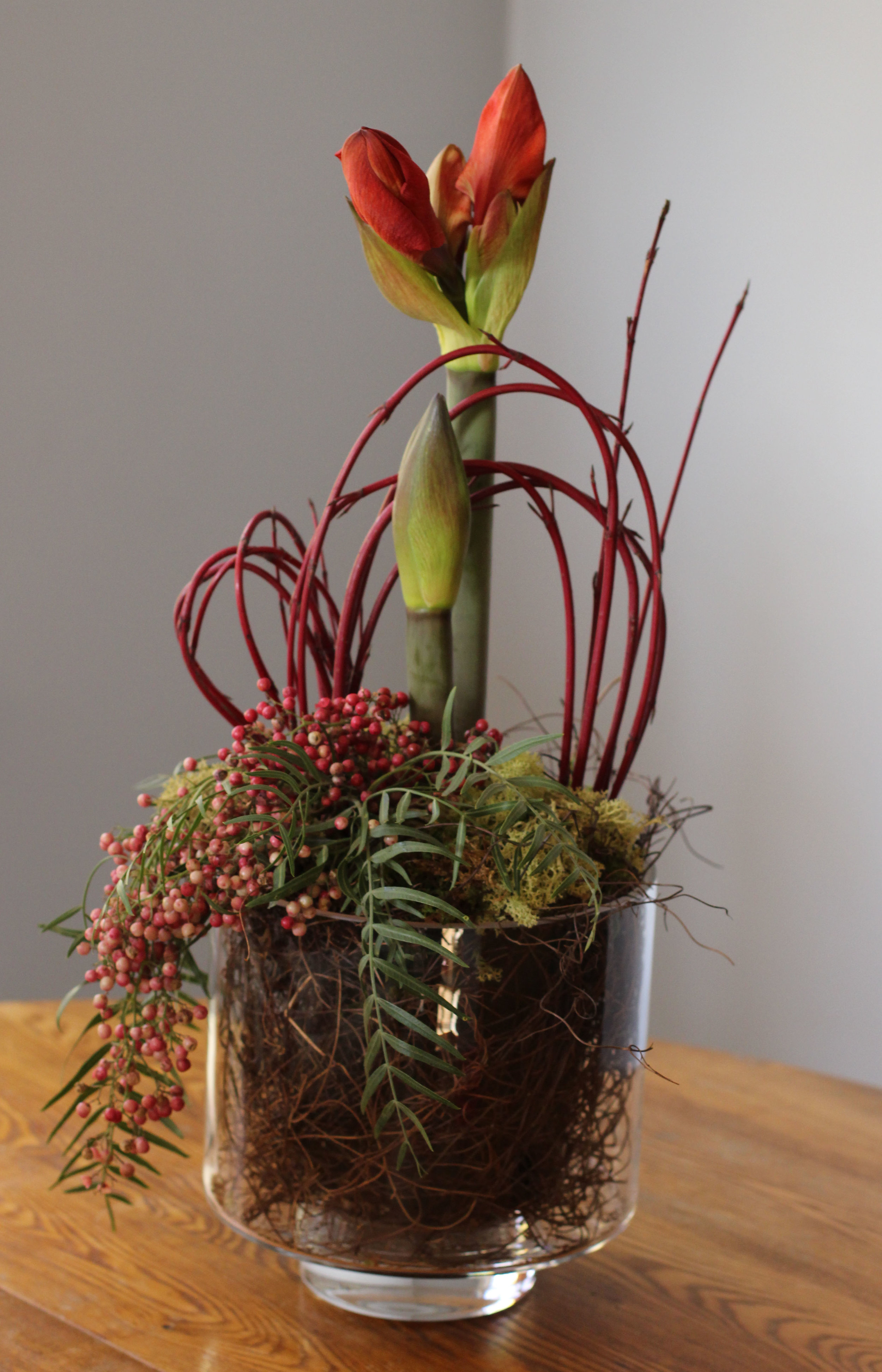 Flowering Amaryllis in footed glass vase with accents of red twig dogwood and pepperberry, $90 .