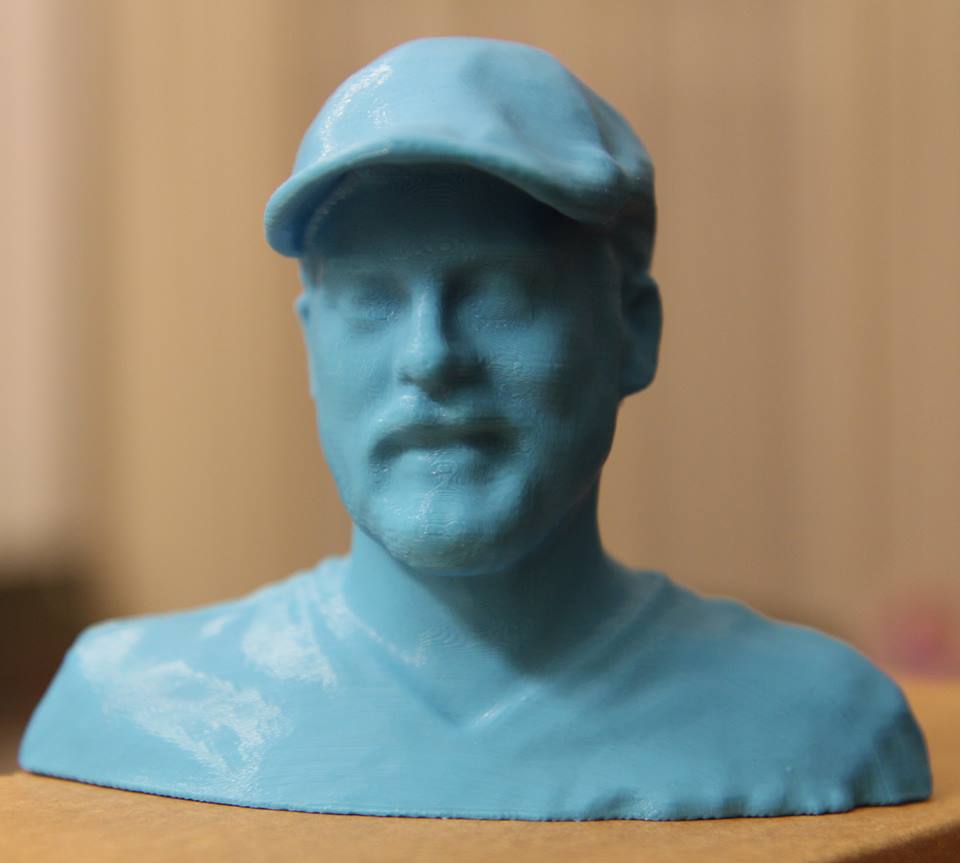  3D printed using a MakerBot Replicator 2 in Light Blue PLA, from a self-portrait laser scan. 