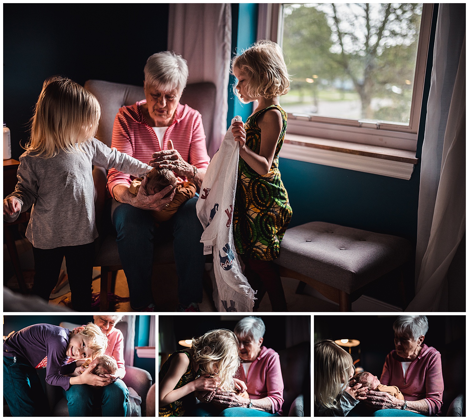 great grandma holding gwen while each sibling gives her some love