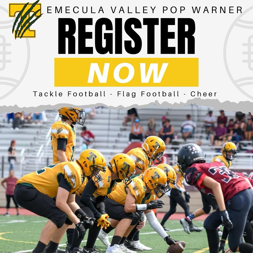Registration NOW open!!! Flexible payment options available. 

🏈Flag Football (ages 5-7) - $200

🏈Tackle Football (ages 7-14) -  Take advantage of our Early Bird Price of $450 (Regular Price $500 after March 15)

📣Cheer (ages 5-14) - $475

Visit w