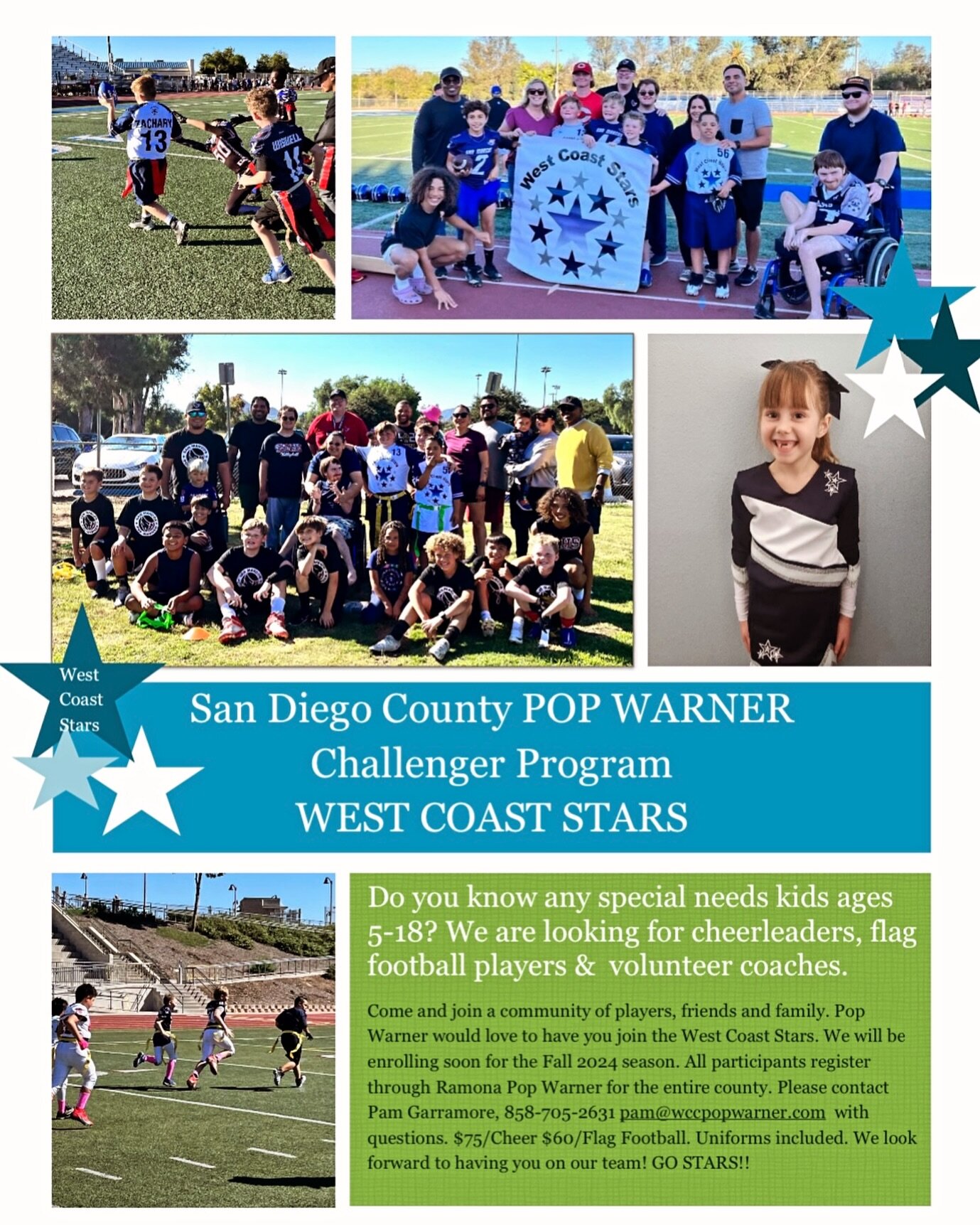 WCC supports our Conference of POP WARNER Challenger WEST COAST STARS Football Players and Cheerleaders!

Please reach out to Pam at Pam@wccpopwarner.com and the support volunteer staff Coach Moose (President of San Marcos Pop Warner) at President@sa