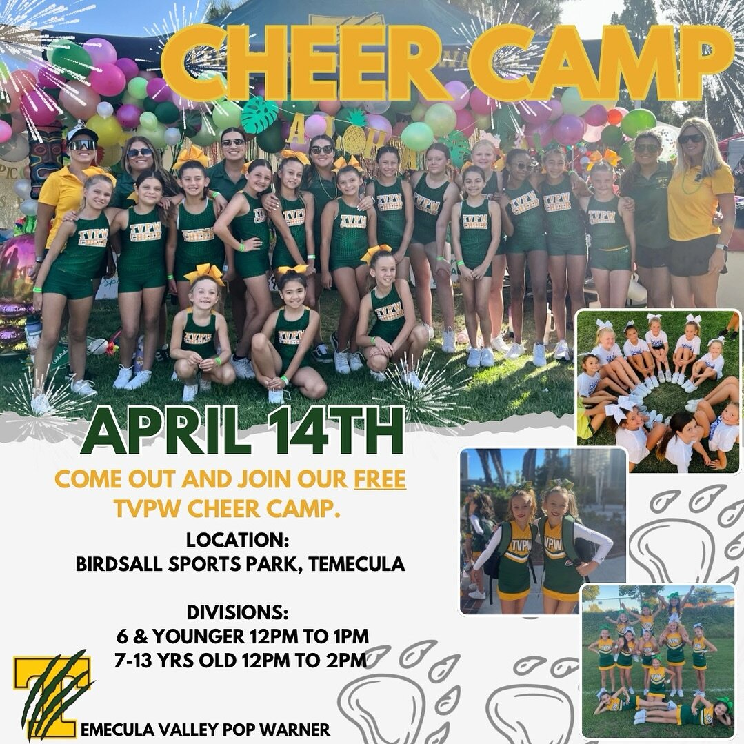 📣 Calling all cheerleaders! 📣

Join us for a FREE TVPW cheer camp🎉 Mark your calendars for April 14th, from 12 PM to 2 PM.

Don&rsquo;t miss out on this incredible opportunity to learn, have fun, and make unforgettable memories! Contact Christine 