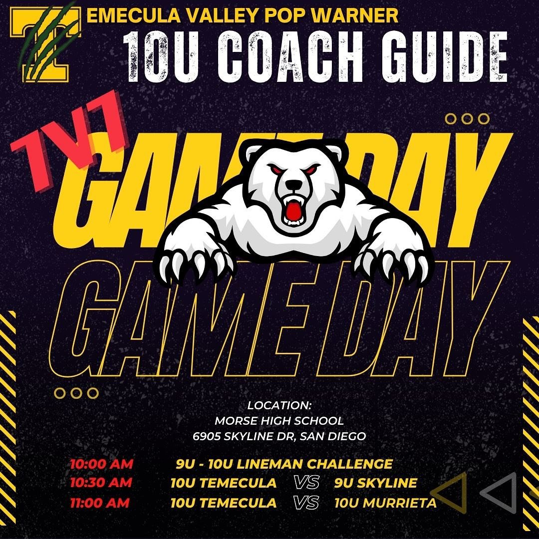 Sunday, April 14!!! 7on7 Game Day! 🏈🔥 It&rsquo;s time to rally behind our incredible Temecula Valley Pop Warner football teams! 🙌🎉 Join us as we come together to cheer on these talented athletes.

Check with your coach to confirm your game time.?