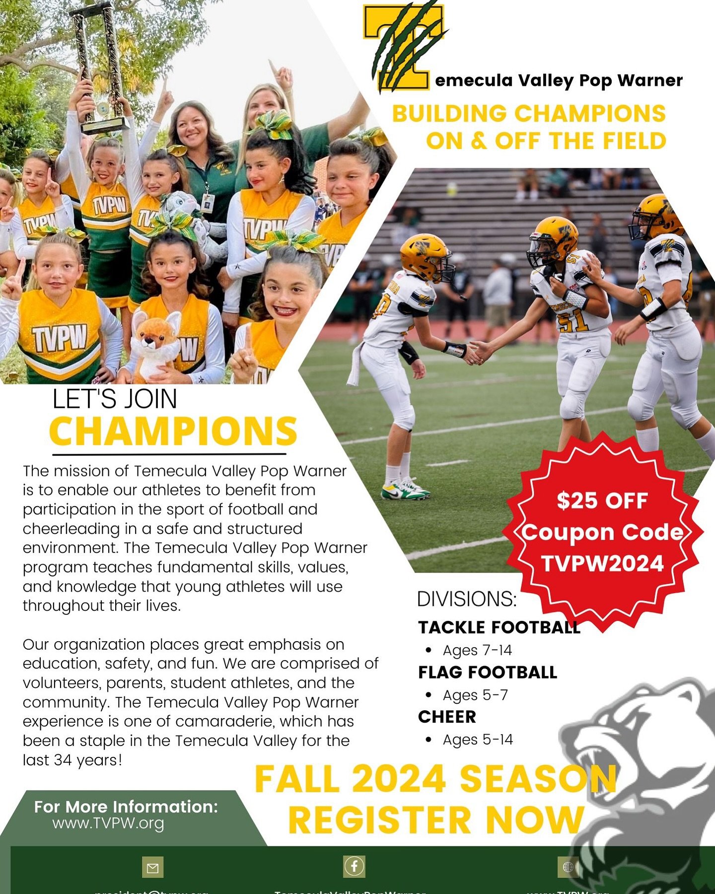 Building champions on and off the field! Join our incredible TVPW Youth Football and Cheer community today!!! 🏈📣 #TVPW #Football #Cheerleading #Community @wccpopwarner @popwarnerlittlescholars @wesconregionpopwarner @saveyouthfootballcalifornia @ci