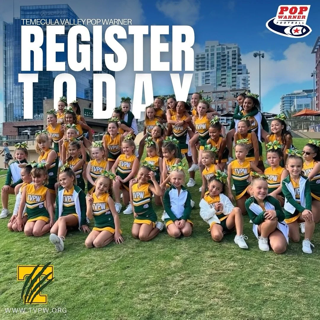 Registration is NOW OPEN!!!

🏈 Flag Football (ages 5-7) 

🏈 Tackle Football (ages 7-13) 

📣 Cheer (ages 5-13) 

For more info, visit www.TVPW.org!

#tvpwfootball #tvpwcheer #temeculafootball #temeculacheer #TVPW @mountainlionsrugby_youth @wescon_r