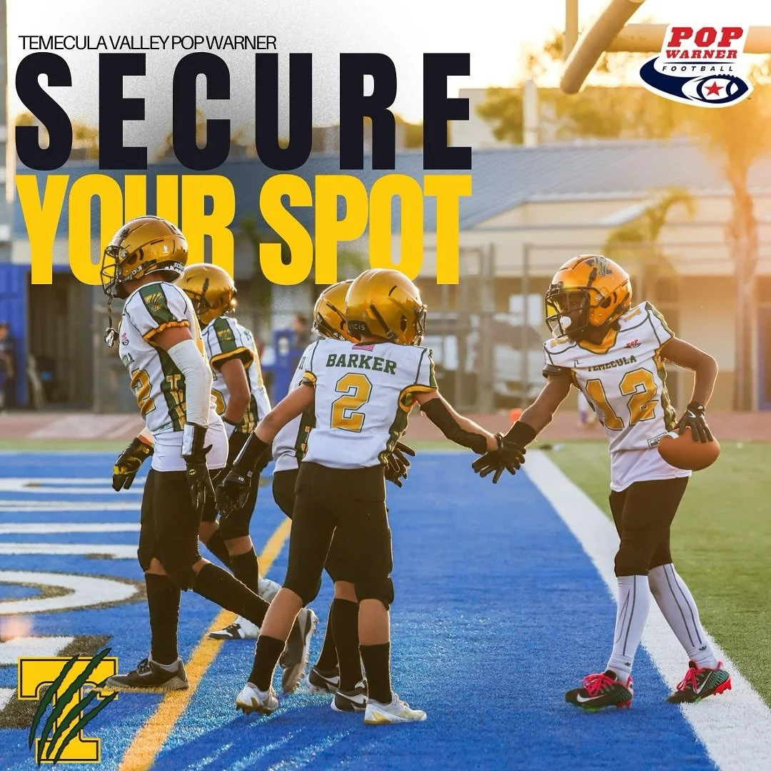Registration is NOW OPEN!!!

🏈 Flag Football (ages 5-7) 

🏈 Tackle Football (ages 7-13) 

📣 Cheer (ages 5-13) 

For more info, visit www.TVPW.org!

#tvpwfootball #tvpwcheer #temeculafootball #temeculacheer #TVPW @mountainlionsrugby_youth @wescon_r