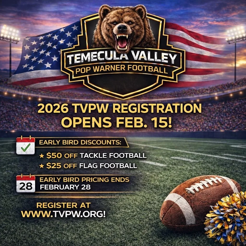 It&rsquo;s almost time, TVPW family! 🏈📣

Temecula Valley Pop Warner Football &amp; Cheer registration opens February 15! 

💥 Early Bird Savings:
✔️ $50 OFF Tackle
✔️ $25 OFF Flag
⏰ Ends February 28

Spots will fill fast, don&rsquo;t wait!

Registe