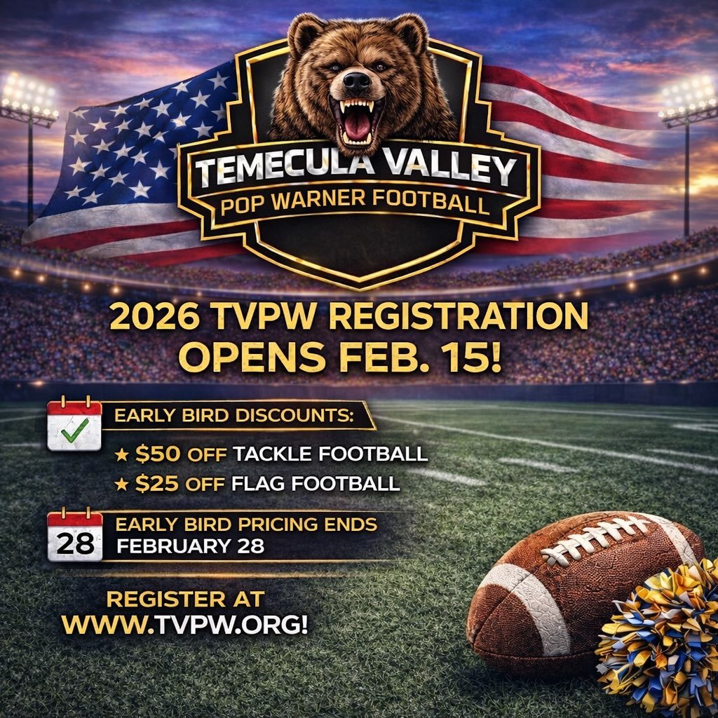 It&rsquo;s almost time, TVPW family! 🏈📣

Temecula Valley Pop Warner Football &amp; Cheer registration opens February 15! 

💥 Early Bird Savings:
✔️ $50 OFF Tackle
✔️ $25 OFF Flag
⏰ Ends February 28

Spots will fill fast, don&rsquo;t wait!

Registe