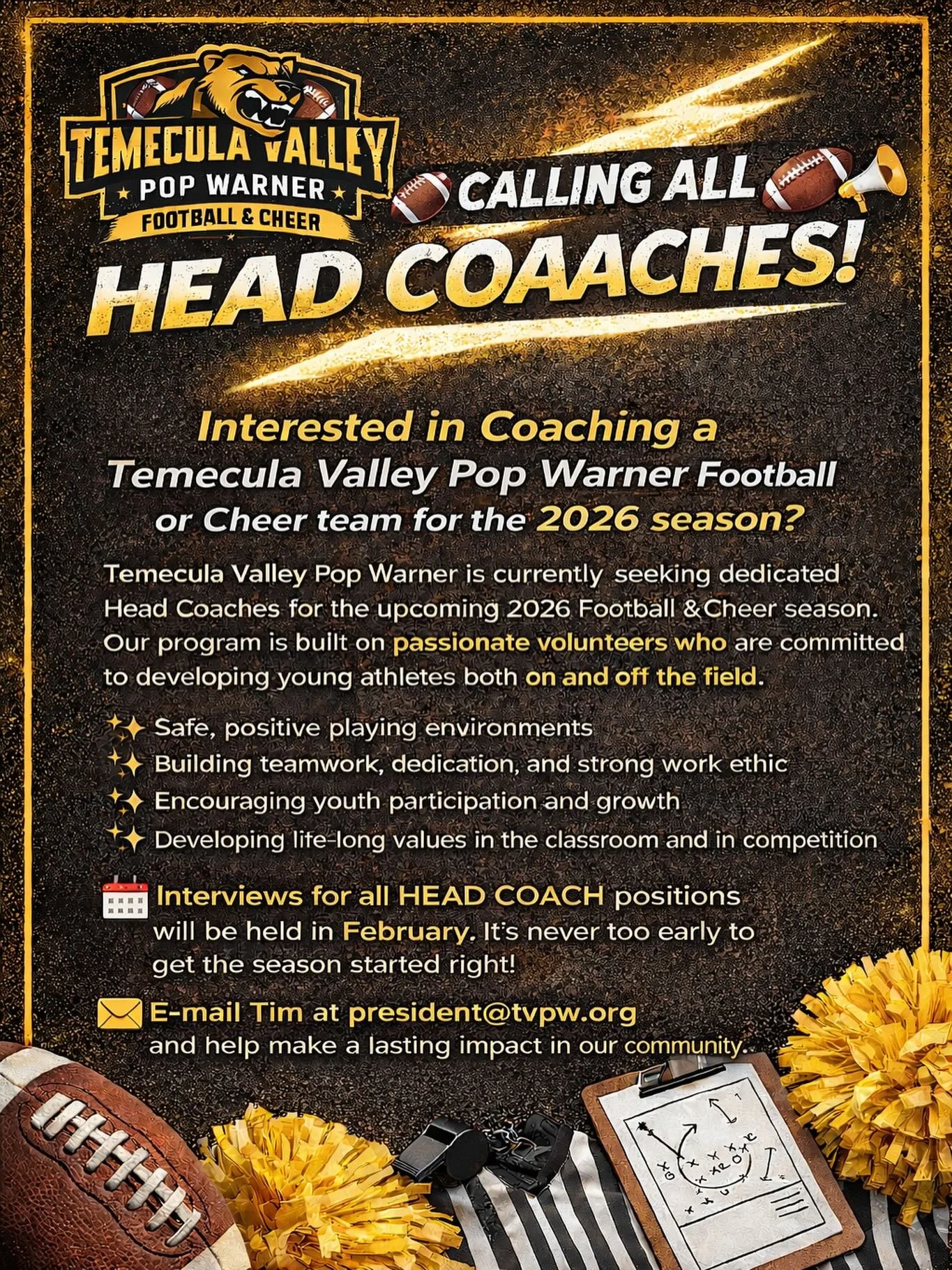 TVPW is looking for Tackle and Flag coaches who are knowledgeable, dedicated, and committed to creating a positive impact in the lives of their players. Whether you have years of experience under your belt or you&rsquo;re just starting out, we welcom