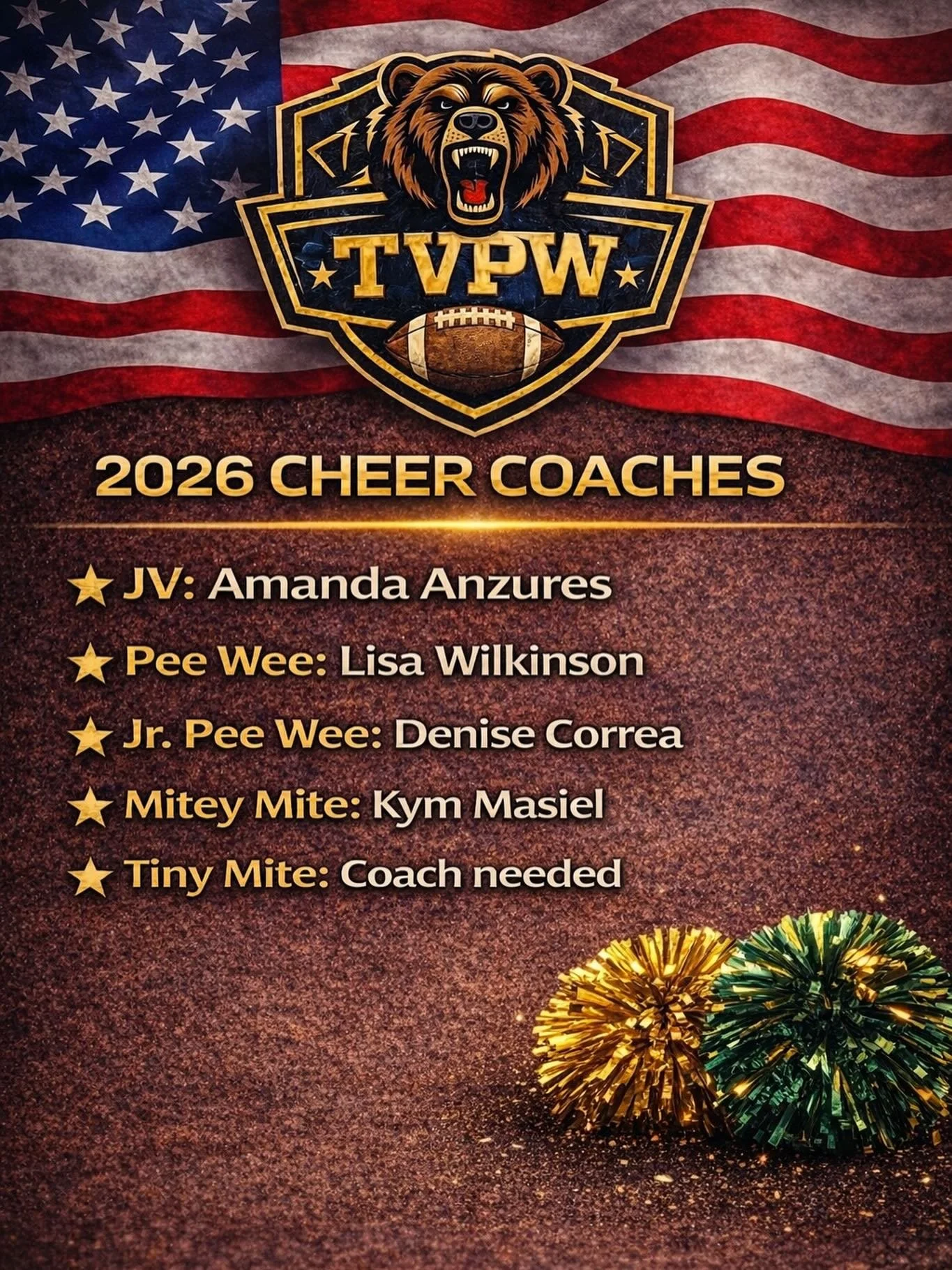 2026 TVPW Cheer Coaches Announcement! 📣

We&rsquo;re excited to introduce our 2026 Temecula Valley Pop Warner Cheer coaching staff!

This group brings energy, leadership, and a passion for building confident athletes both on and off the field.

✨ JV