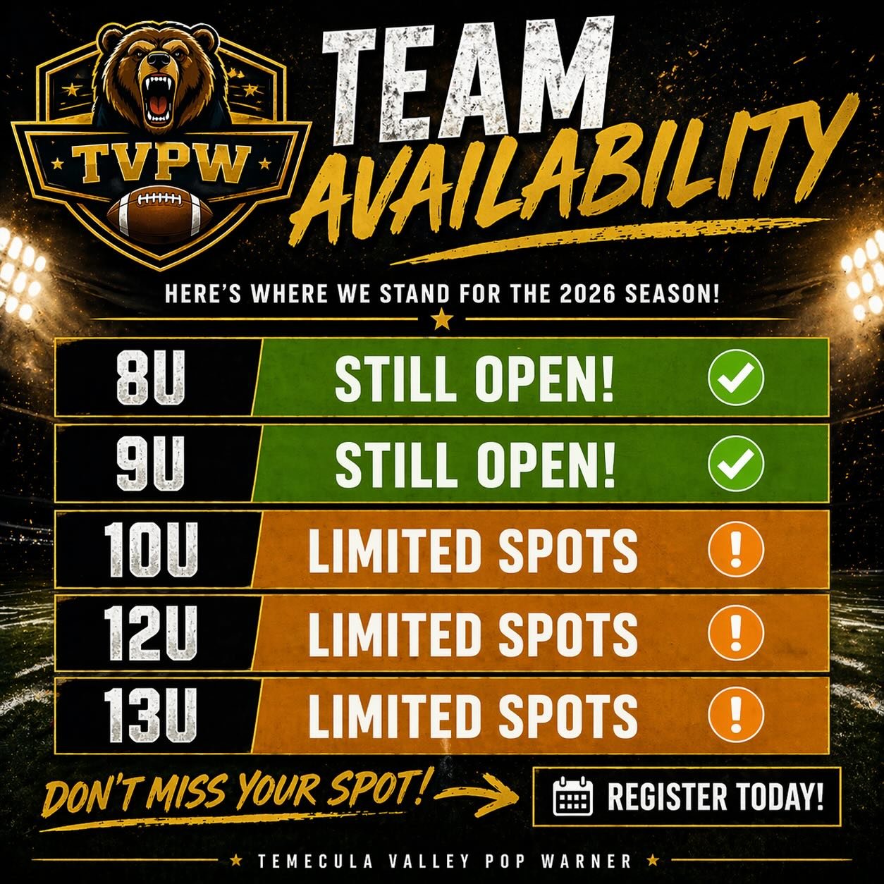 🚨 TEAM AVAILABILITY UPDATE 🚨

Here&rsquo;s where we stand for the 2026 season 👇

🟢 8U &amp; 9U &mdash; STILL OPEN
🟡 10U, 12U &amp; 13U &mdash; LIMITED SPOTS

Spots are filling fast&hellip;don&rsquo;t wait ⏳

Secure your athlete&rsquo;s spot toda