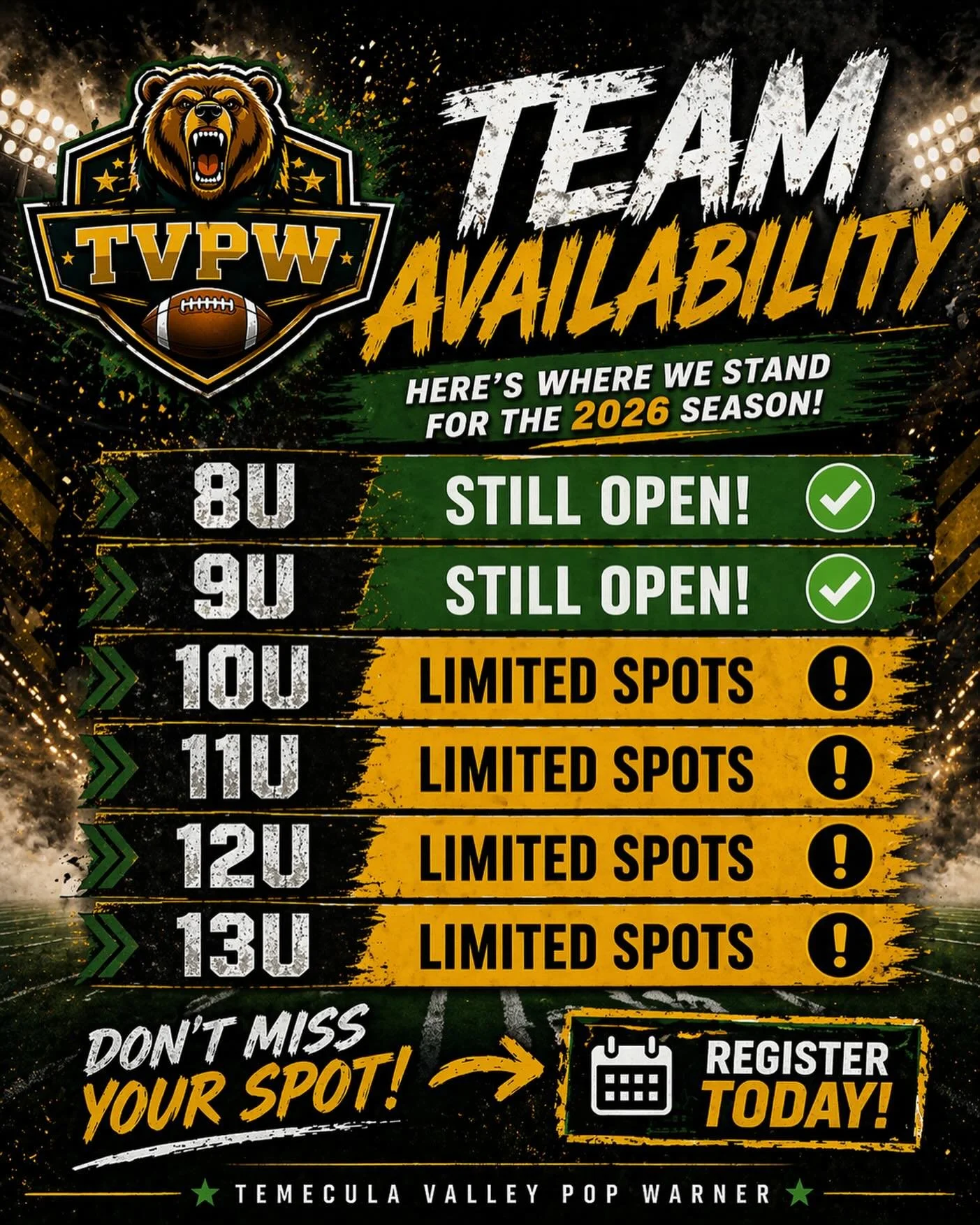 🚨 TEAM AVAILABILITY UPDATE 🚨

Here&rsquo;s where we stand for the 2026 season 👇

🟢 8U &amp; 9U &mdash; STILL OPEN
🟡 10U, 11U, 12U &amp; 13U &mdash; LIMITED SPOTS

Spots are filling fast&hellip;don&rsquo;t miss your chance to be part of the TVPW 