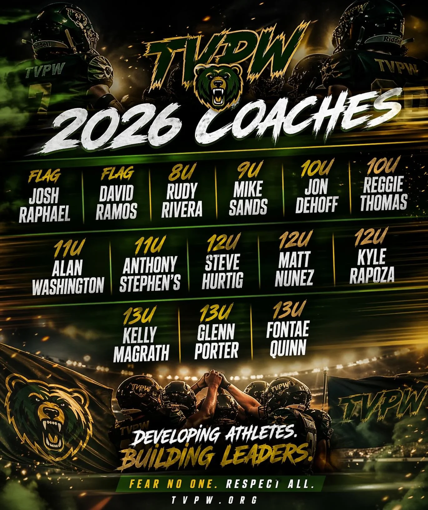 It starts with great coaching. 🙌

Our 2026 TVPW Football staff is committed to building athletes on the field and leaders off it.

Limited spots available in select divisions.

Register today 👉 TVPW.org

#TVPW #TVPWFootball #PopWarner #Temecula #Yo