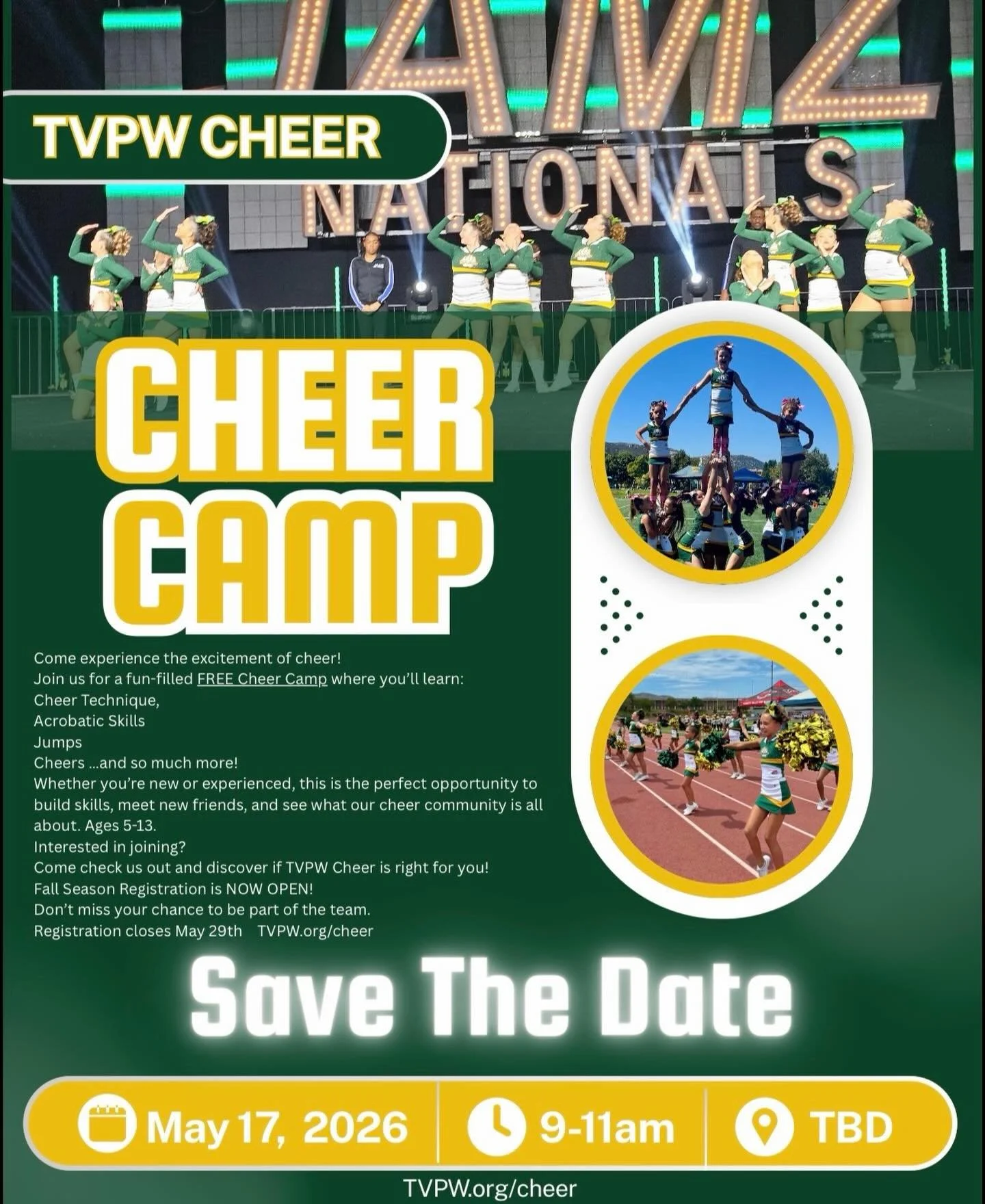 Join us for our final Cheer Camp before the season kicks off!
📅 Sunday, May 17
⏰ 9&ndash;11 AM
📍 Location coming soon

Come learn cheers, build skills, and meet new friends and coaches. Bring a friend and get entered into a raffle to win a prize! ?