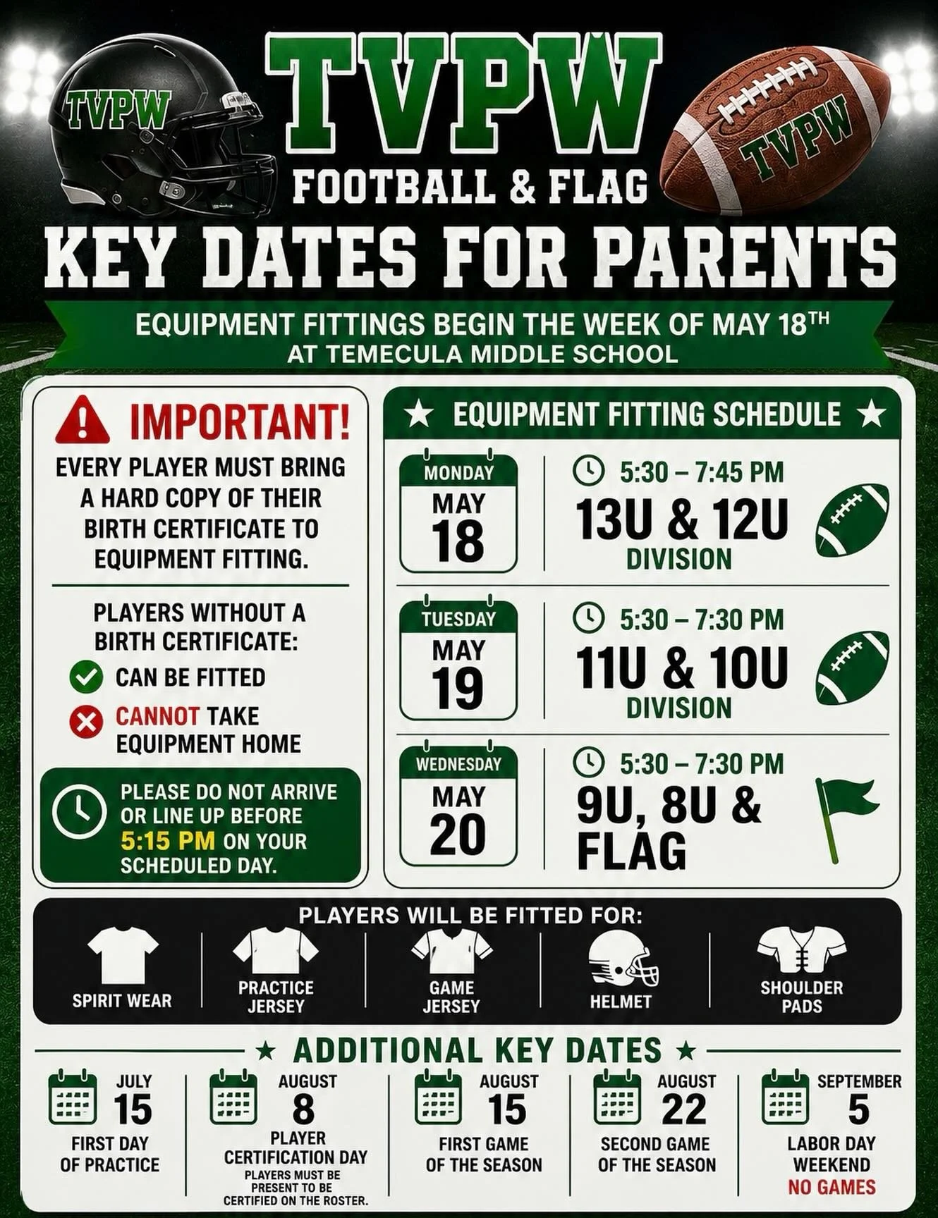 🏈 Equipment Fittings Are Almost Here! 🏈

Equipment fittings are for REGISTERED PLAYERS ONLY.

Please review the key dates and important information for the upcoming 2026 football &amp; flag season.

📍 Temecula Middle School
📅 May 18&ndash;20

🚨 