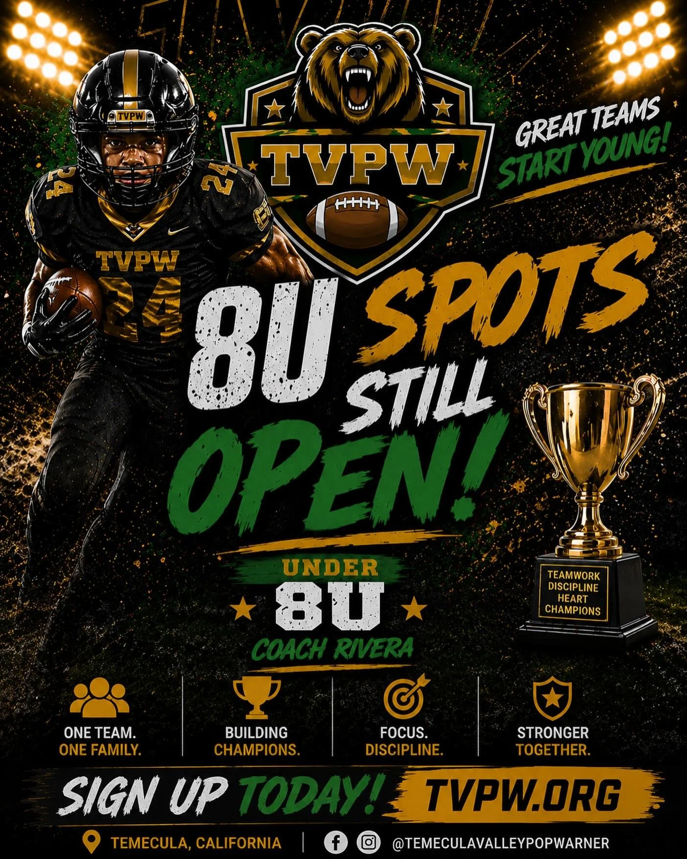 🚨 8U SPOTS STILL OPEN 🚨

The future starts here. 🏈

Great teams start young, and our 8U Grizzlies are ready to build the next generation of athletes. Hard work, discipline, teamwork, and memories that last a lifetime.

Don&rsquo;t wait, spots are 