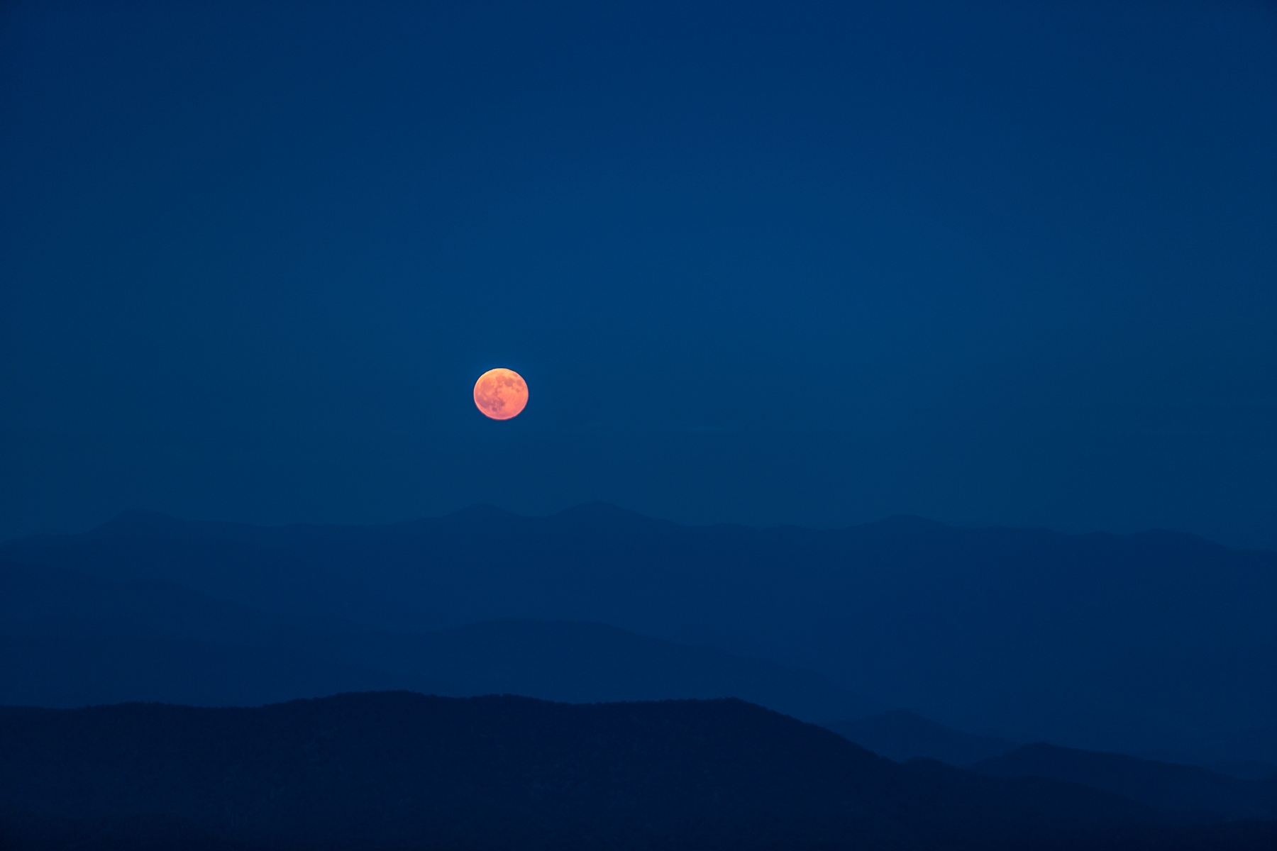 Moonrise over the Great Smoky Mountains, looking towards North Carolina.