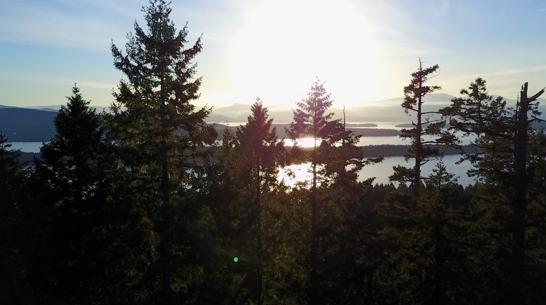 Sunset through the Trees and views of Gulf Islands Ocean and Mountains Lensflare Summer Drone Footage.png