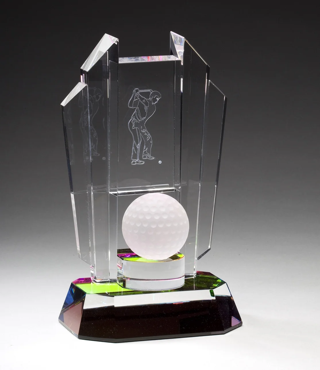 Optical Crystal with Frosted Golf Ball Large: CRY356 - 8.5" tall x 4.5" wide - $102 Medium: CRY355 - 7.5" tall x 4" wide - $87 Small: CRY354 - 6" tall x 3.5" wide - $81