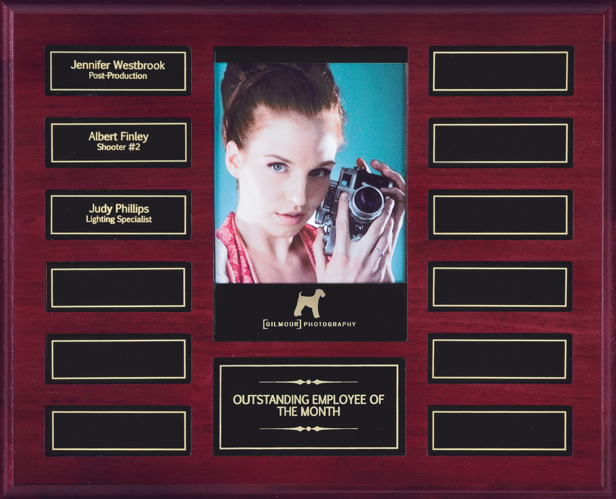 Perpetual Plaque with Photo - APT215D-BK 10.5"" x 13" with 12 plates (1" x 3") - Mahogany Finish Price = $125 (Includes engraving on title plate and one name plate)