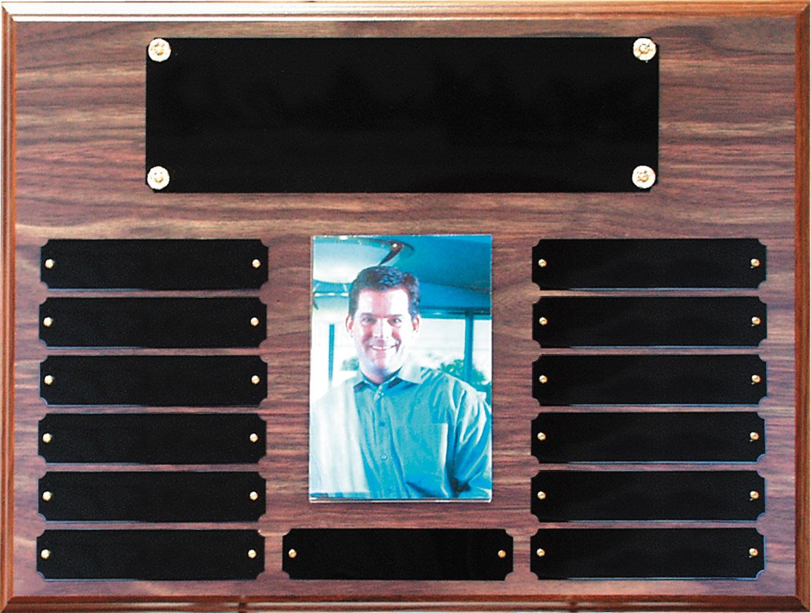 Perpetual Plaque with 3.5" x 5" photo - P1063 12" x 16" with 13 black brass plates - Walnut Finish Price = $100 (Includes engraving on title plate and one name plate)