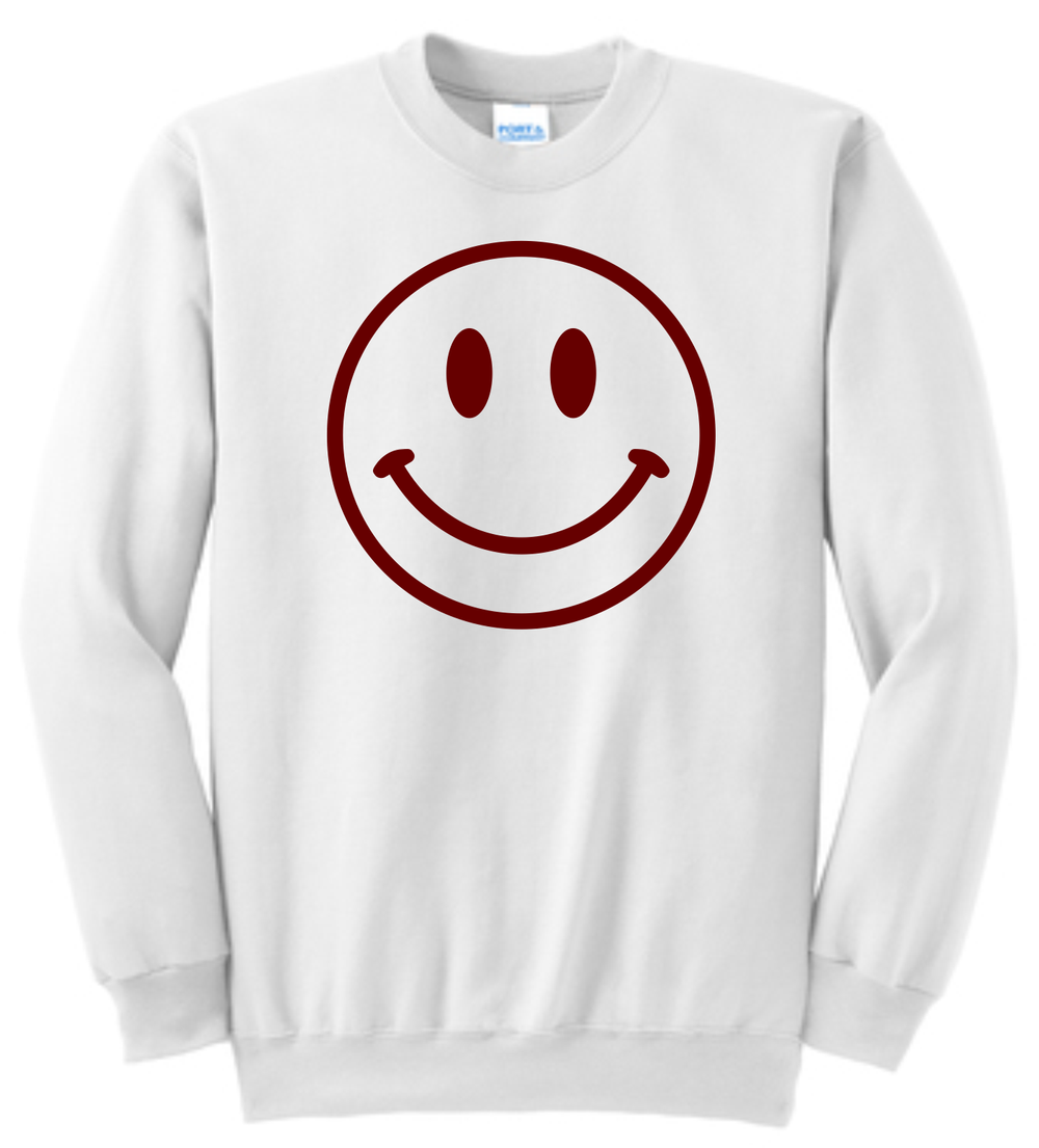 white sweatshirt with smiley face