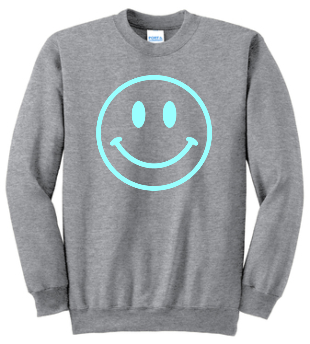 blue sweatshirt with smiley face