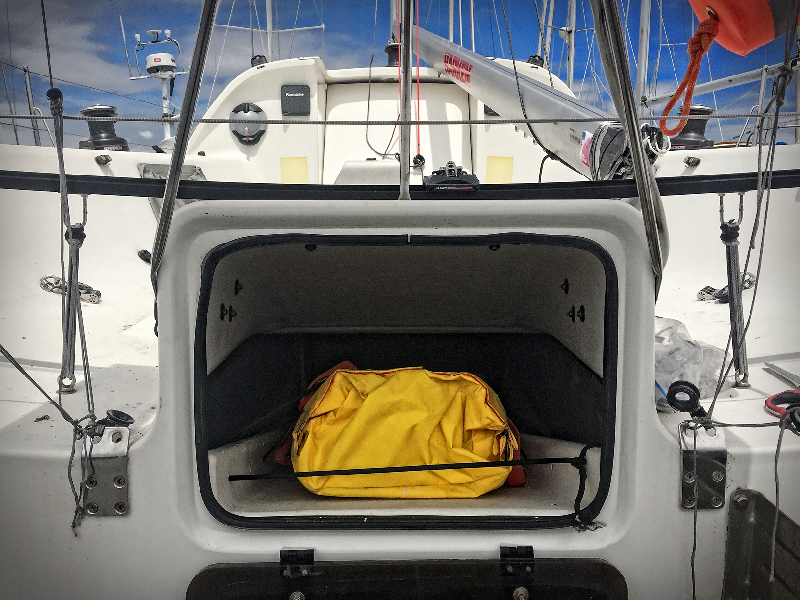 Winslow 4-man ultralight life raft in the escape hatch