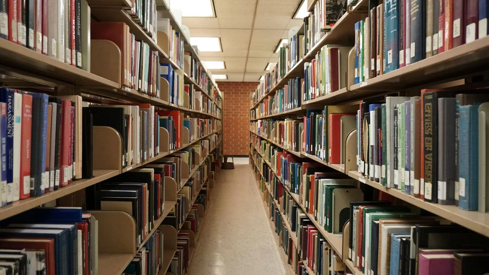 A photo of a library aisle with shelves filled with books on both sides, a brick wall at the end, and fluorescent ceiling lights.