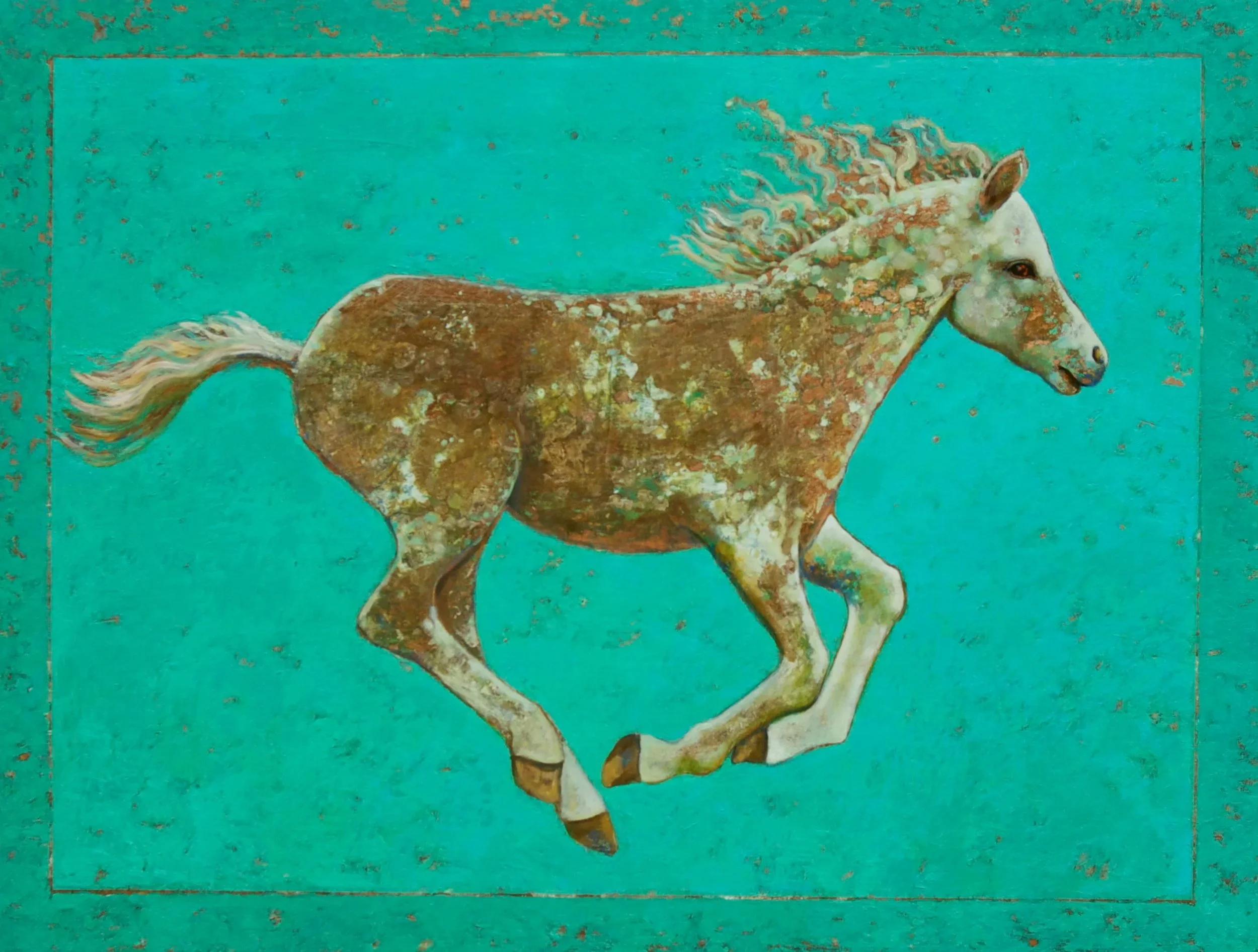 Painting of a galloping white horse with a flying mane and tail on a turquoise background.