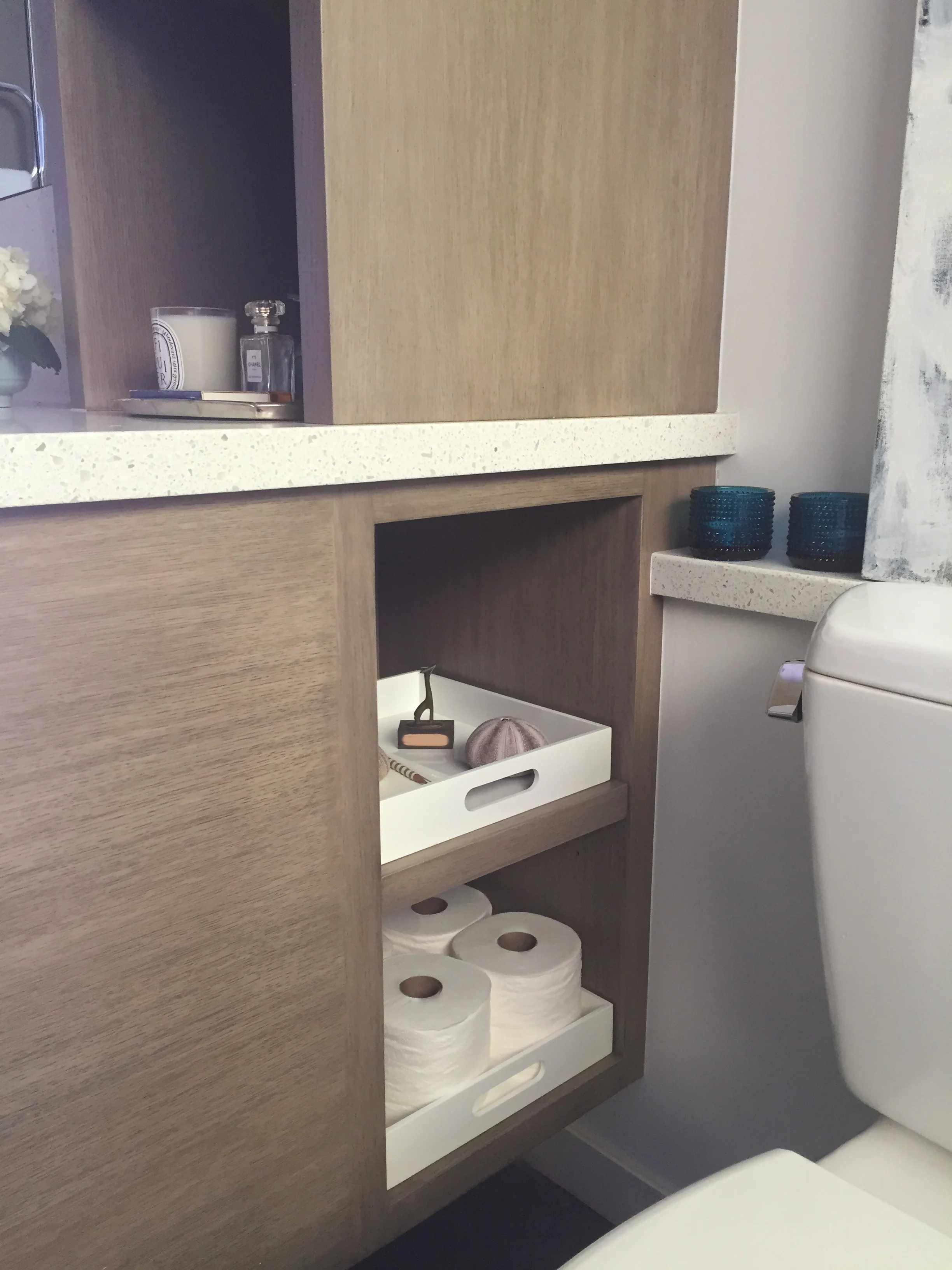 Cubbies on the side of the bath cabinet. Custom design by Mia Heiman. Built by Lloyd's Custom Woodworks