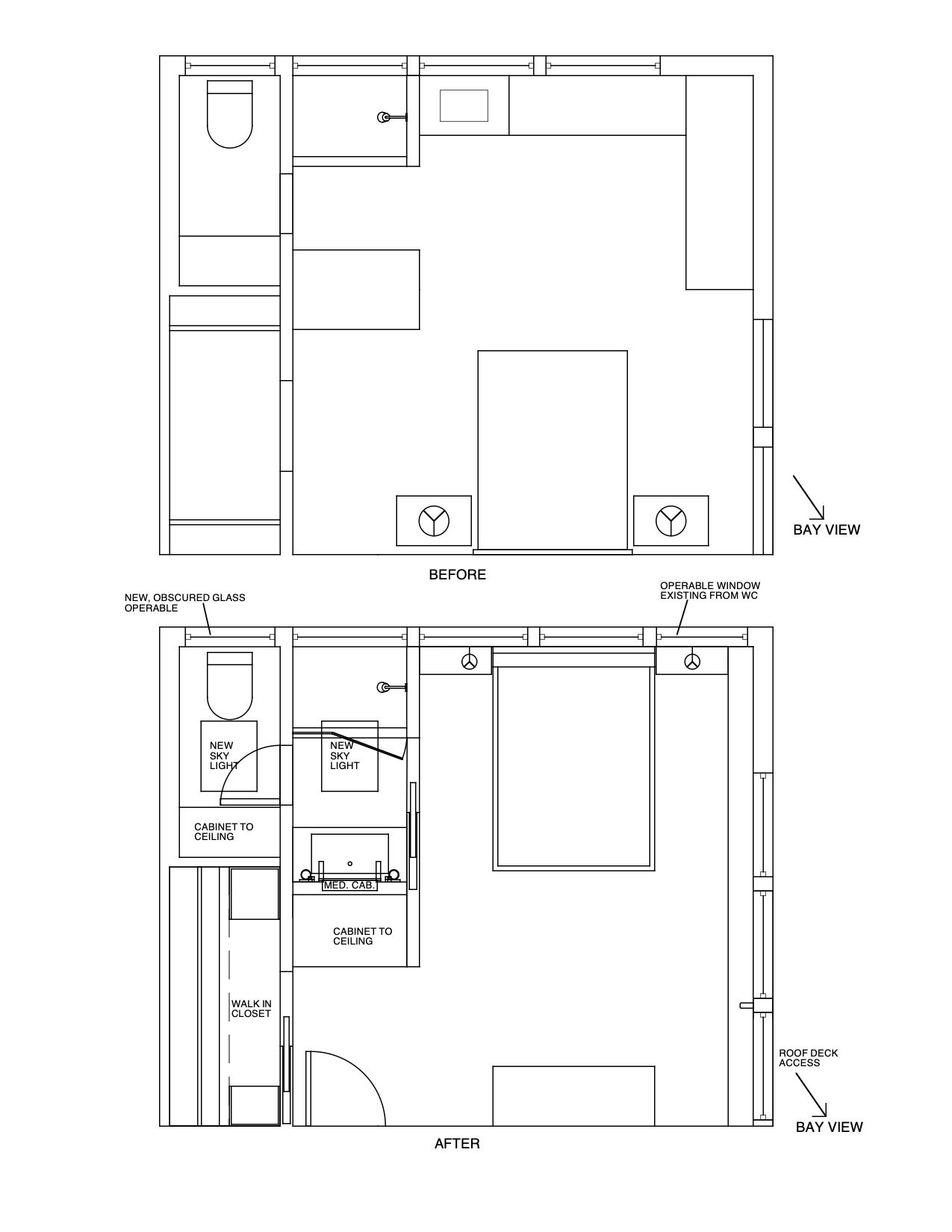 Layout before and after. The idea was to turn the bed around to face the million dollar view of the San Francisco Bay.