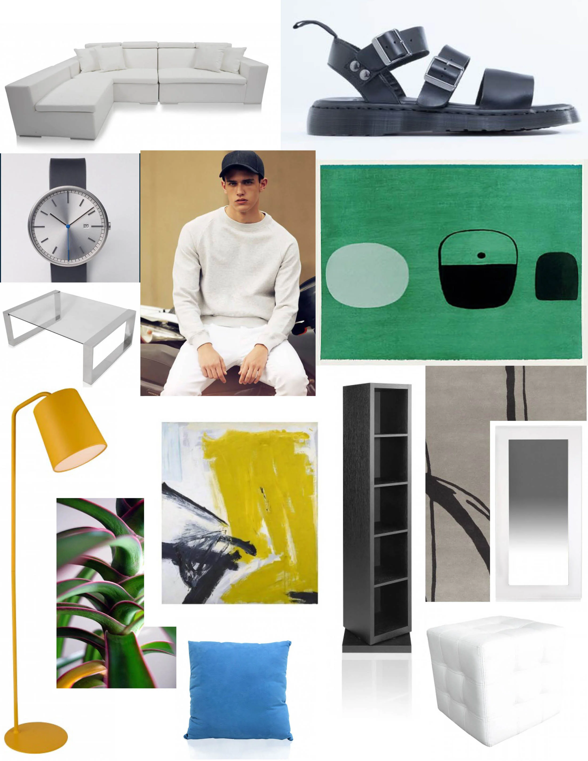 Couch: M odani / Sandals: Dr Martens Gryphon Sandal / Plant: Red-Edged Dracaena plant / Green painting: William Scott (1913 - 1989) / Coffee table: M odani / Xavier Serrano / Rug: Surya Signature SIG-1002 Hand-Tufted, Good Quality Area Rug , RugStudio / Yellow painting: Zinc Yellow, 1959. Franz Kline / Mirror: M odani / Lamp: M odani / Pillow: M odani / Ottoman: M odani