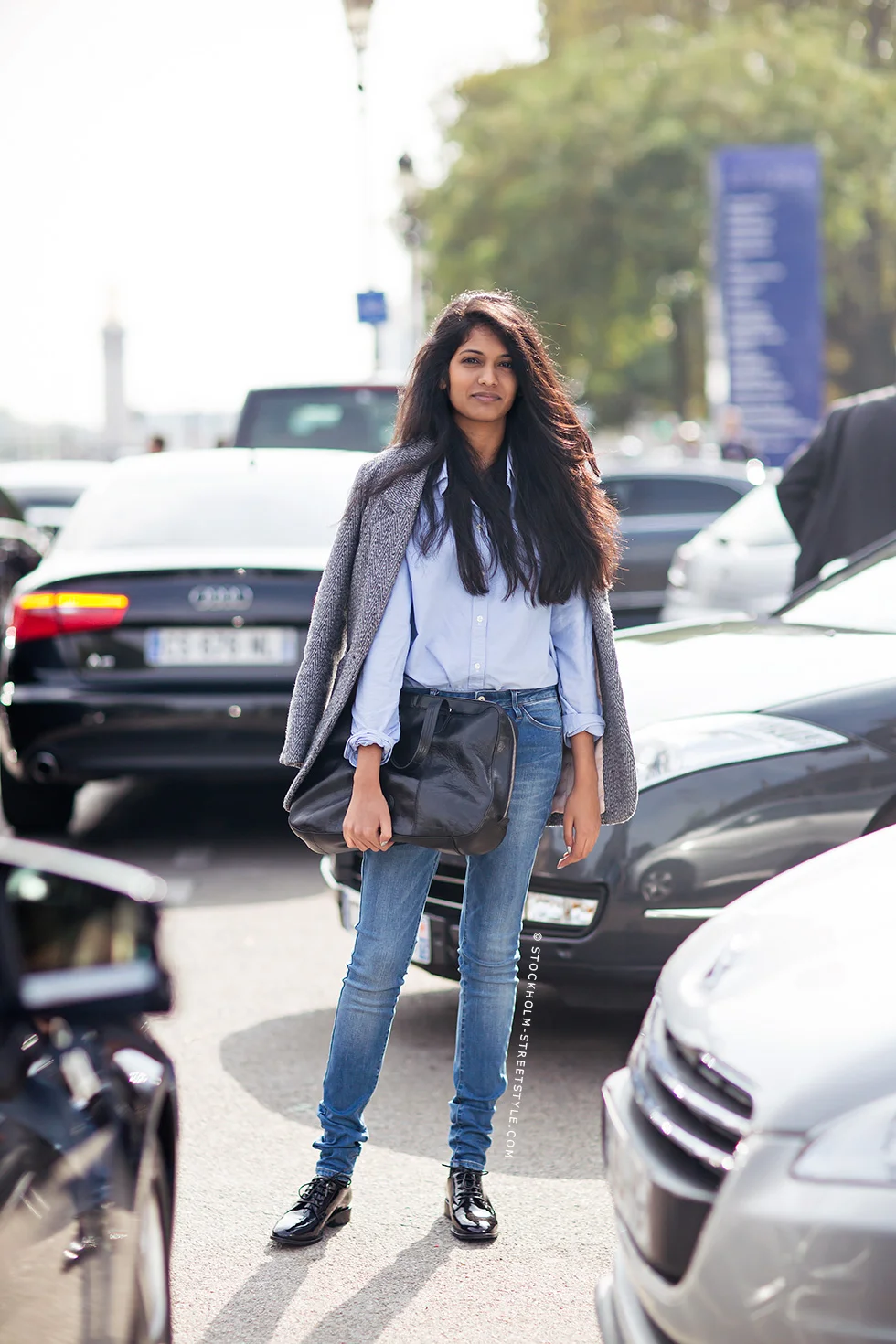 Love the combination of the pale blue, the strong denim, and glossy dress shoes. From: afashionlines.tumblr.com