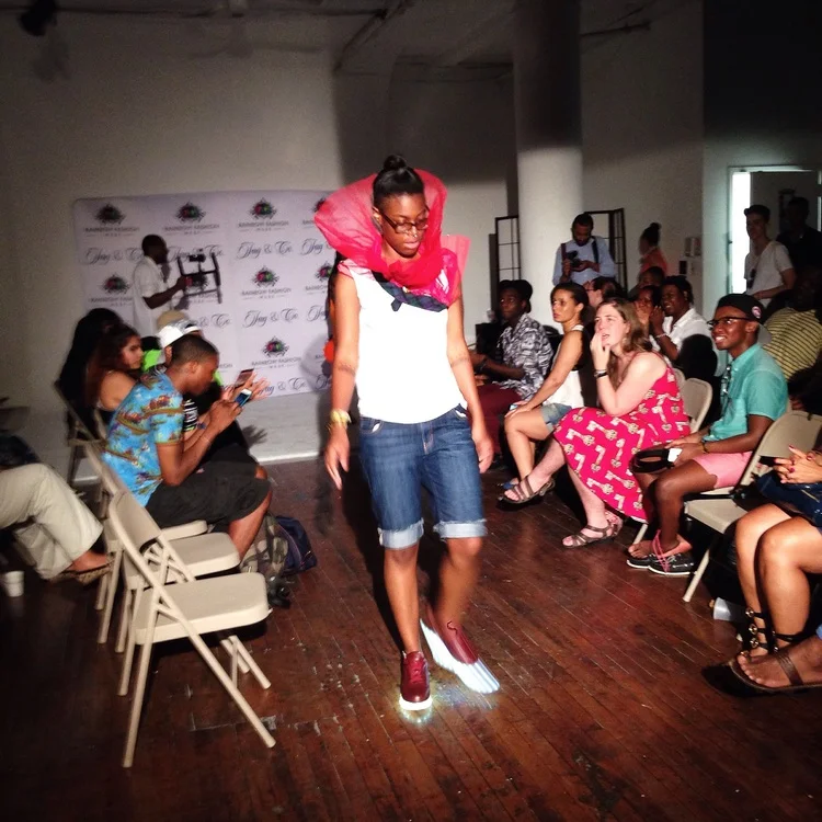 Lindsey Anderson modeling Ru's top with Topman Glow Burgundy Trainers With Lights
