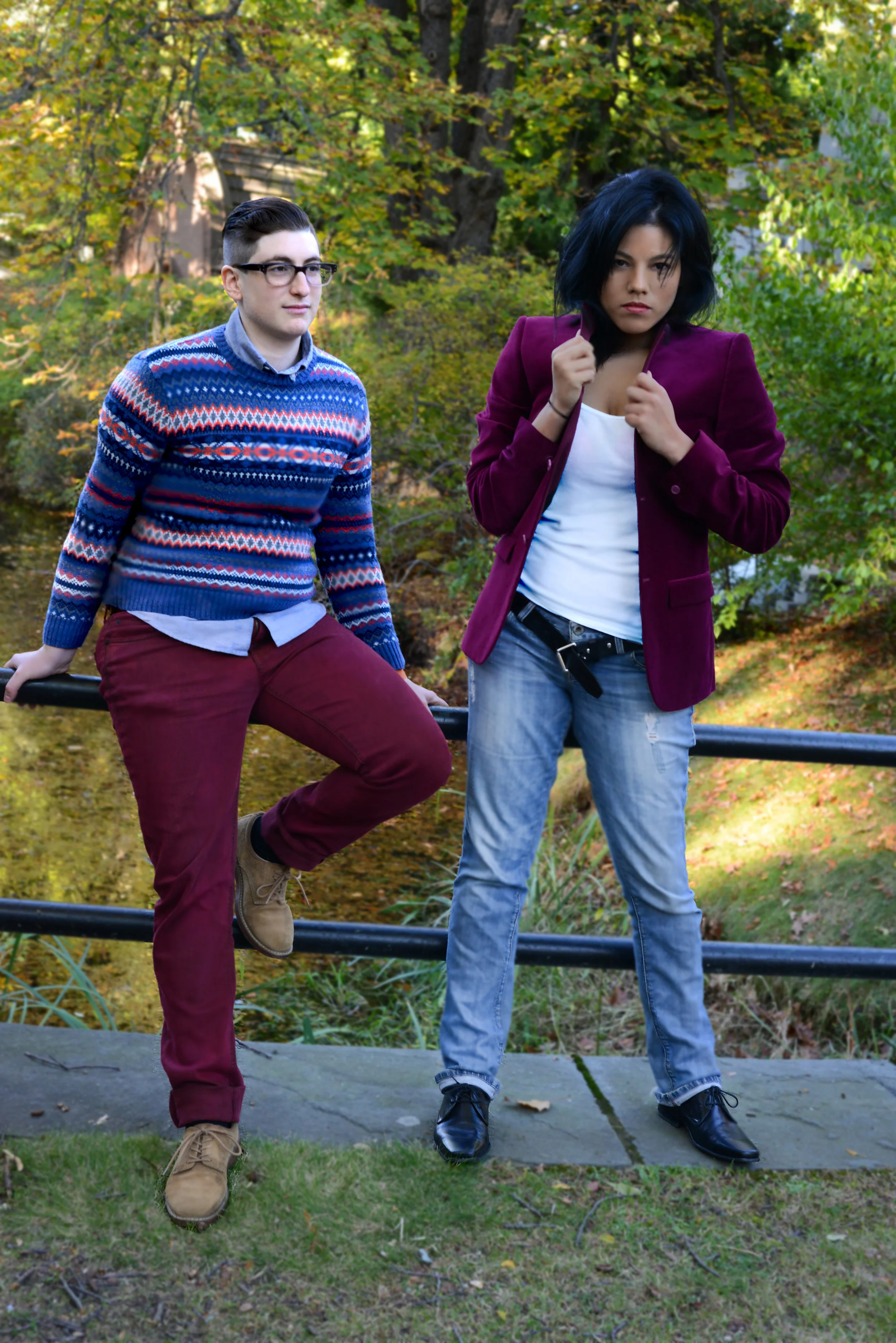 Ru (right) dressing up casual outfit with Topman velvet blazer. Photo by Sam Murray.