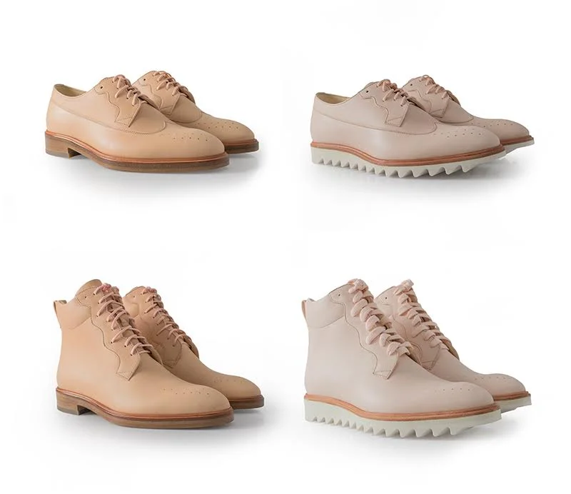 Clockwise from top left: Vegetable Tanned Longwing Brogue with stacked leather sole, Vegetable Tanned Longwing Brogue with Vibram sole, Vegetable Tanned Boot with Vibram sole, Vegetable Tanned Boot with stacked leather sole. Photo credit MATRIARCH